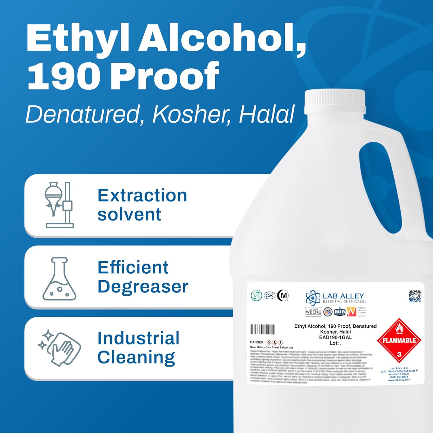 Lab Alley Ethanol 190 Proof Denatured Alcohol, High Purity Solvent, Kosher & Halal Certified,1 Gallon Total (4 × 1 Quart Bottles)