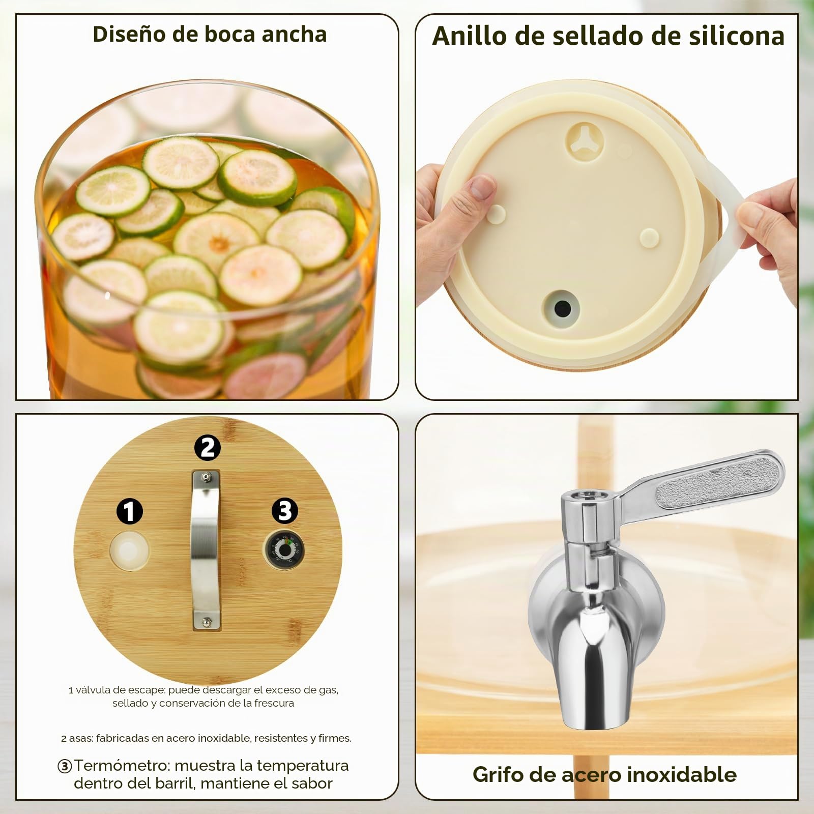 Hisredsun Dispensador de bebidas heladas o calientes de 5 litros con grifo de acero inoxidable | Apto para lavavajillas e incluye soporte de bambú, vidrio de borosilicato grueso que soporta -20 °C a 150 °C