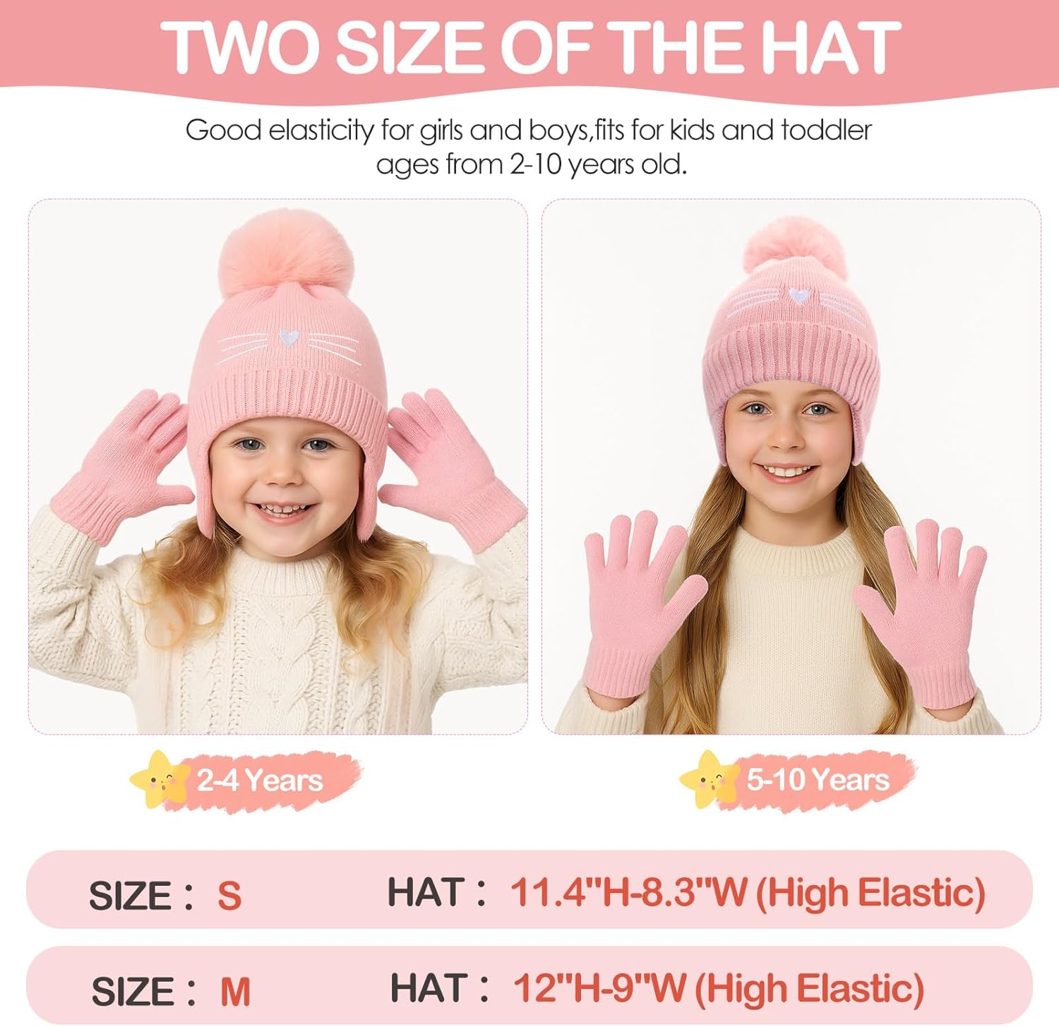Girls Winter Hat and Gloves Set, Kids Cat Embroidered Knit Beanie with Earflaps Fleece Lined Pom Pom Ski Cap for 2-10Y - Image 5