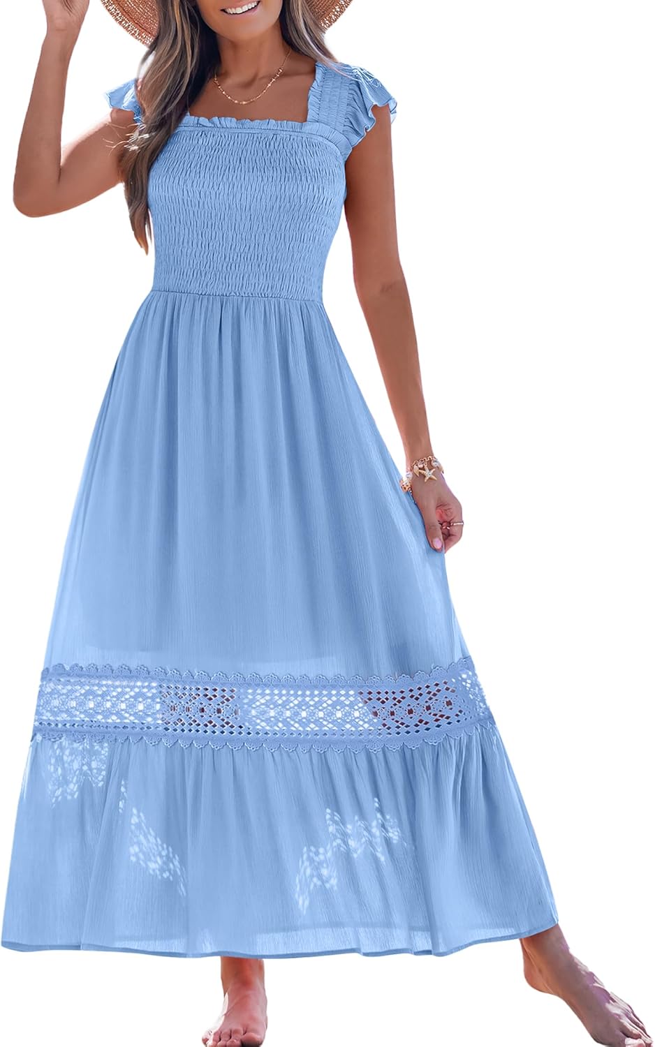 Women's Sexy Lace Maxi Dress Backless Cut Out Tiered Ruffle Flowy Boho Vacation Beach Party Long Dresses