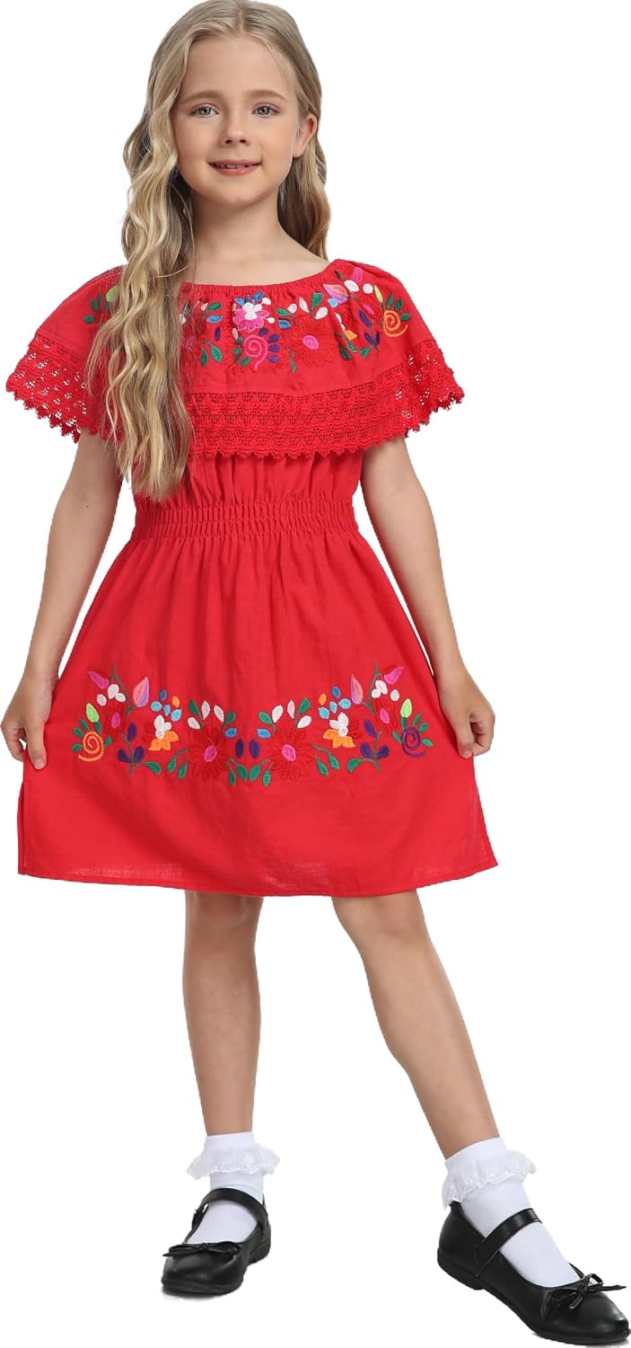 YZXDORWJ Mexican Embroidered Cinco de Mayo Dress for Girls - Kids Fiesta Floral Vestidos Girl's Traditional Dress