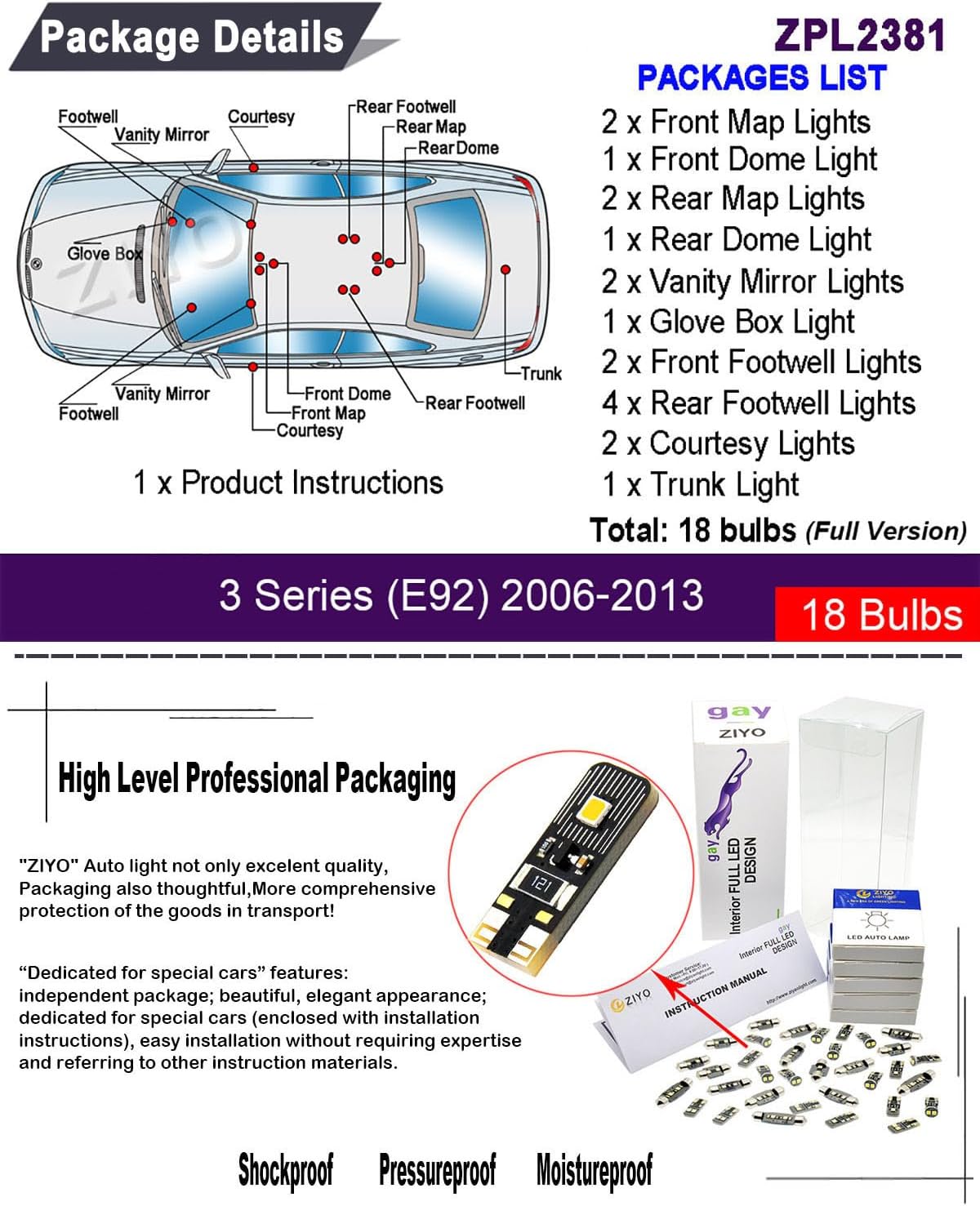 ZIYO LED Interior Light Kit Replacement for BMW E90 E91 E92 E93 3 Series 2005-2013, 6000K Xenon White LED Dome Light Bulbs Upgrade Error Free (BMW E92 Coupe (18 Bulbs))