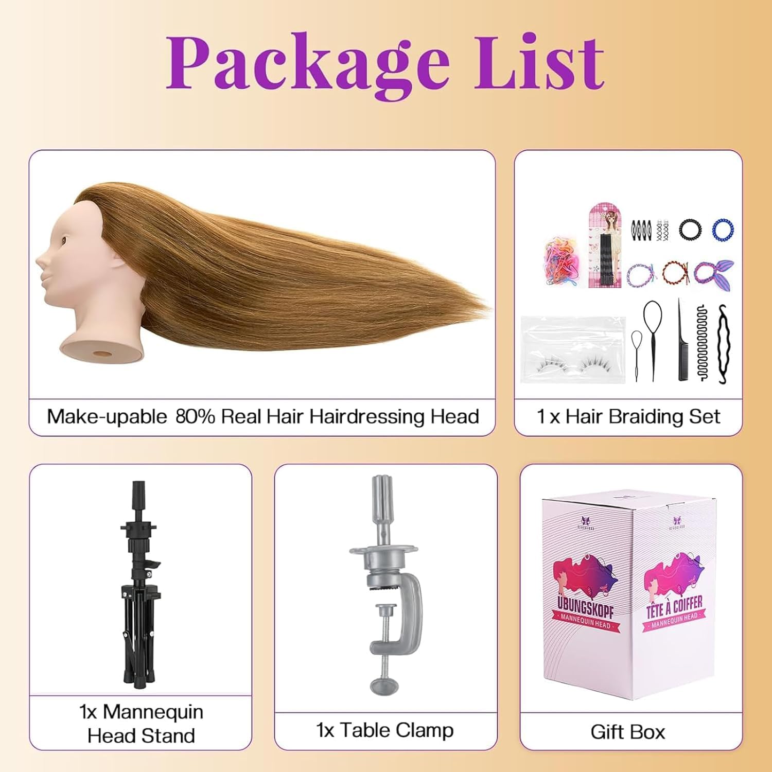 Neverland 24 Zoll Schminkkopf Frisierkopf mit Ständer 80% Echthaar Übungskopf Trainingsköpfe Friseurkopf mit Halter + Hair Styling Braid Set
