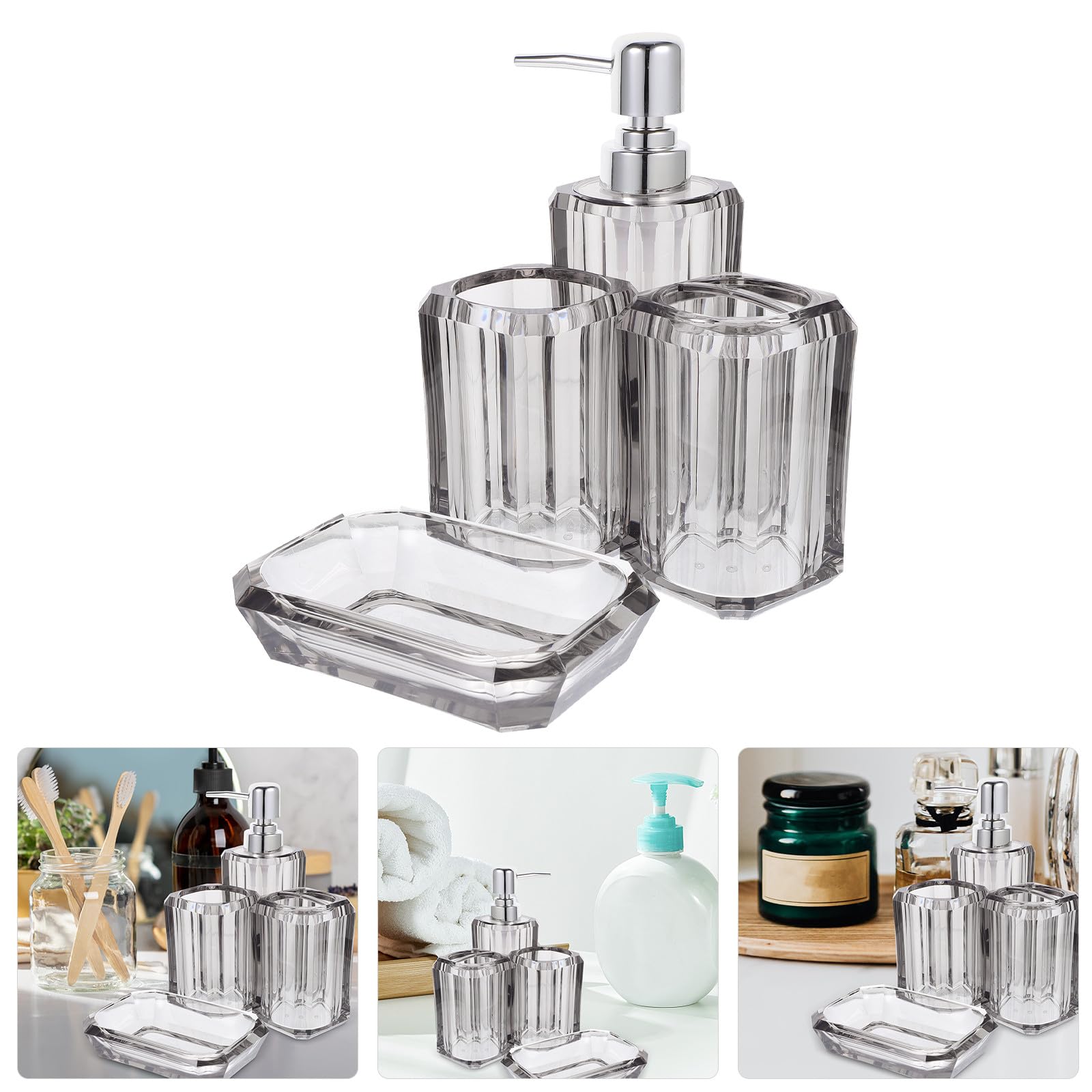 PRETYZOOM Juego de Accesorios para Baño de Acrílico y Acero Inoxidable Dispensador de Jabón y Soporte para Cepillos, Diseño Elegante para Mantener el Baño Ordenado