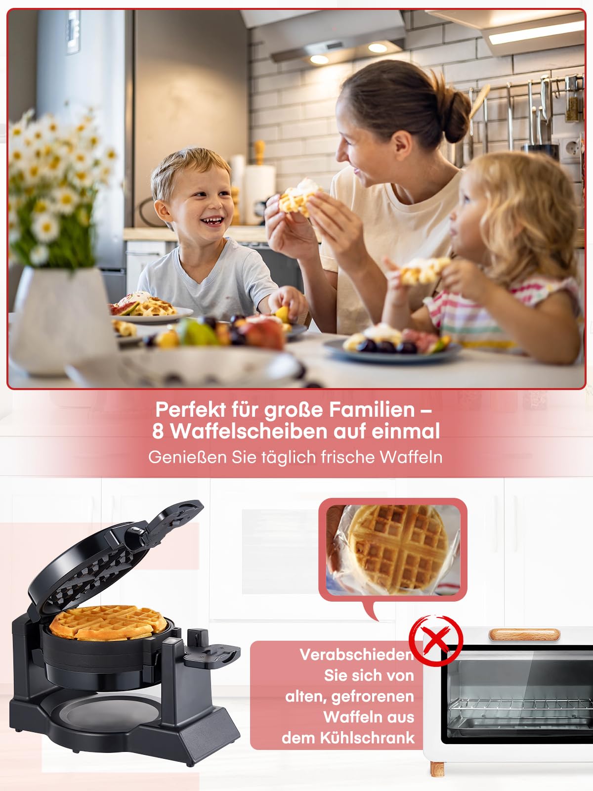 Waffeleisen 1400W Doppeltes Belgisches Waffeleisen 180° Drehung, 8 Scheiben in 3 Min., Antihaft-Platten, Anti-Verbrennungsschutz, Abnehmbare Auffangschale Einfach zu Reinigen, Waffle Maker