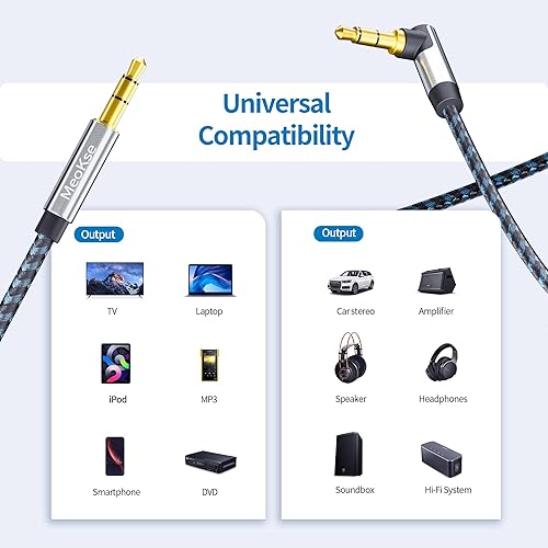 Miniatura 8 de Meokse Cable de audio de 0.138 in macho a macho de 2 pies2.0 ft, cable auxiliar estéreo de 90 grados, cable auxiliar de nailon trenzado de nailon
