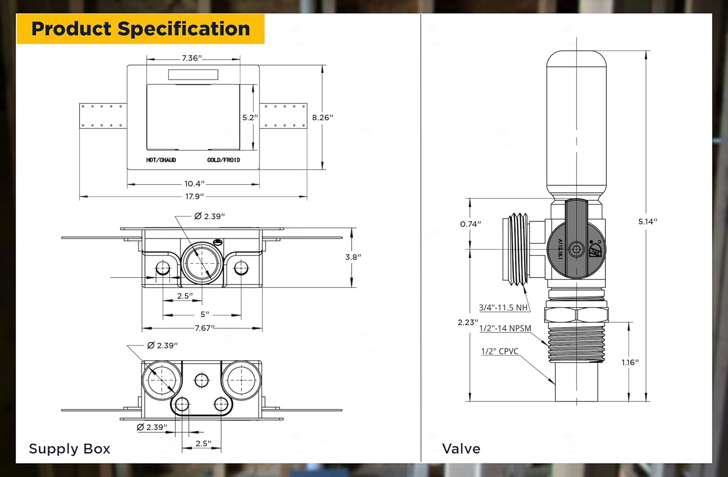Highcraft Washing Machine Outlet Box with Brass Water Hammer Arrestor, 1/2" CPVC Connection Laundry Washer Valve Box with Dual Drain