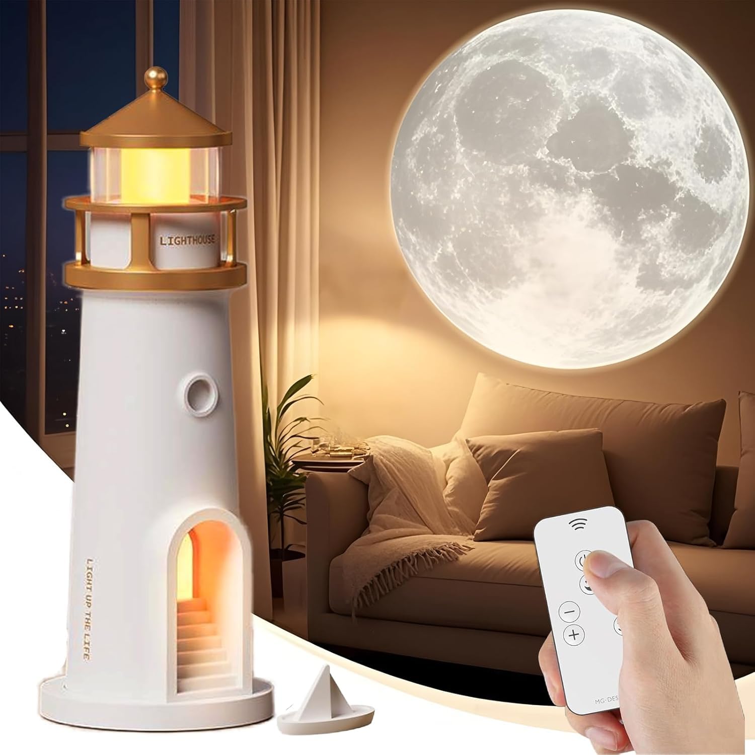 Vibbang Decoración de Faro, Lámpara de Faro Luna, Lámpara de Faros de Proyección de Luna con Control Remoto, Lámpara de Noche Creativa de Torre Regalo de Faros de Lunas para Niños Dormitorio
