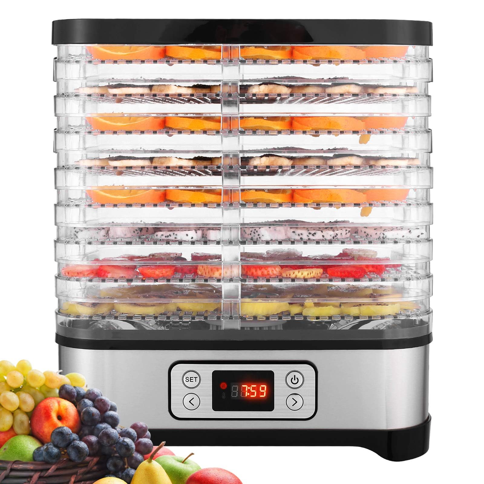 COOCHEER Automatyczny osuszacz ze stali nierdzewnej z 8 przegródkami, timer, regulacja temperatury 35-70°C, suszarka do owoców, osuszacz, nie zawiera BPA, srebrny