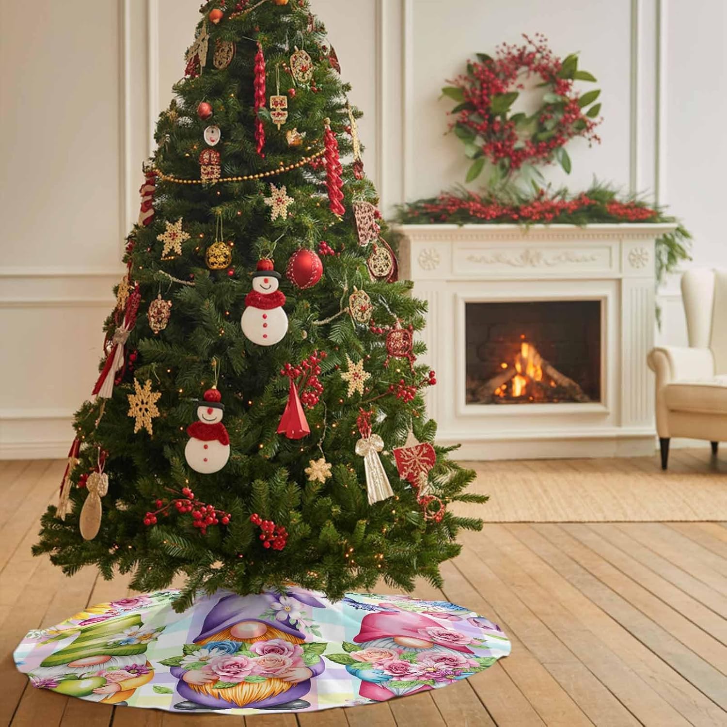 Farm Gnome Spring Flower Christmas Tree Skirt,36 Inch Xmas Tree Ornaments Butterfly Colorful Stripes Large Round Trees Mat for Indoor Outdoor Holiday Party Decorations