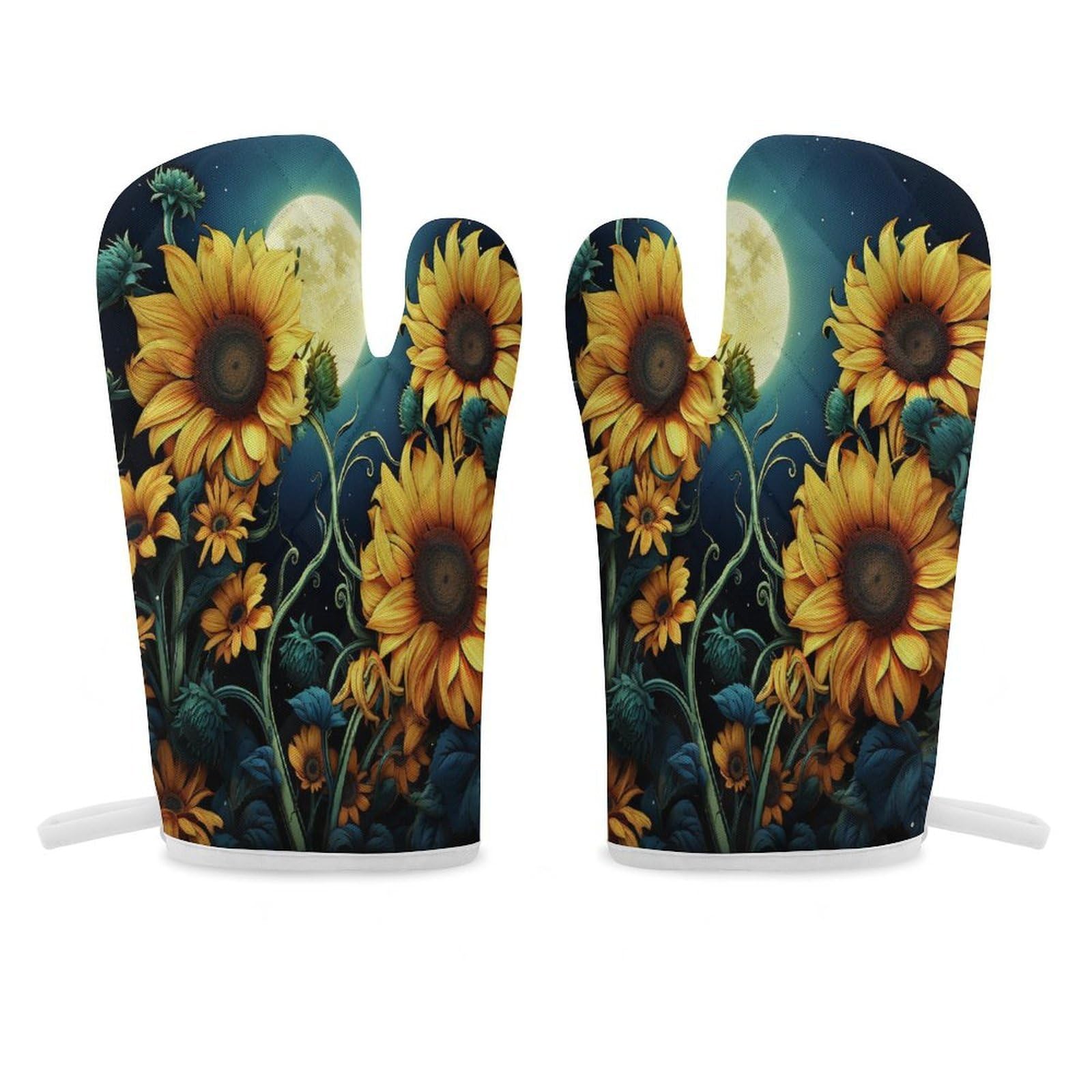 Moonlight Sunflower Pattern Oven Mitt Heat Resistant Potholder Set,Durable Oven Gloves for Gifts,Glove Pot Holder for Cooking Baking Grilling BBQ