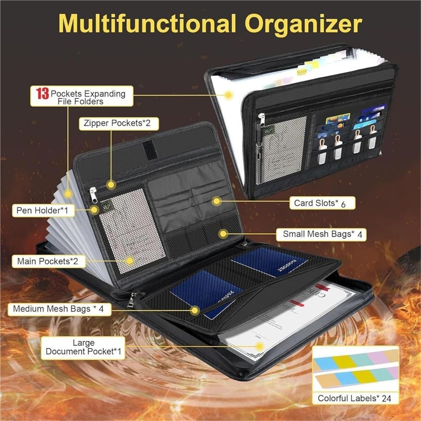Porta Documenti Fireproof Accordion File Organizer | 13-Pocket Expanding Document Bag with Zipper and Labels, Portable(Black)