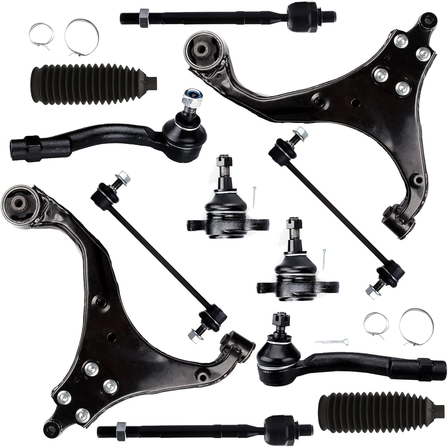 SCITOO 12pcs Front Suspension Kit Lower Control Arm Inner Outer Tie Rod End Sway Bar Link Lower Ball Joint Steering Rack Boot Fit 2005-2009 For Hyundai Tucson 2005-2010 For Kia For Sportage