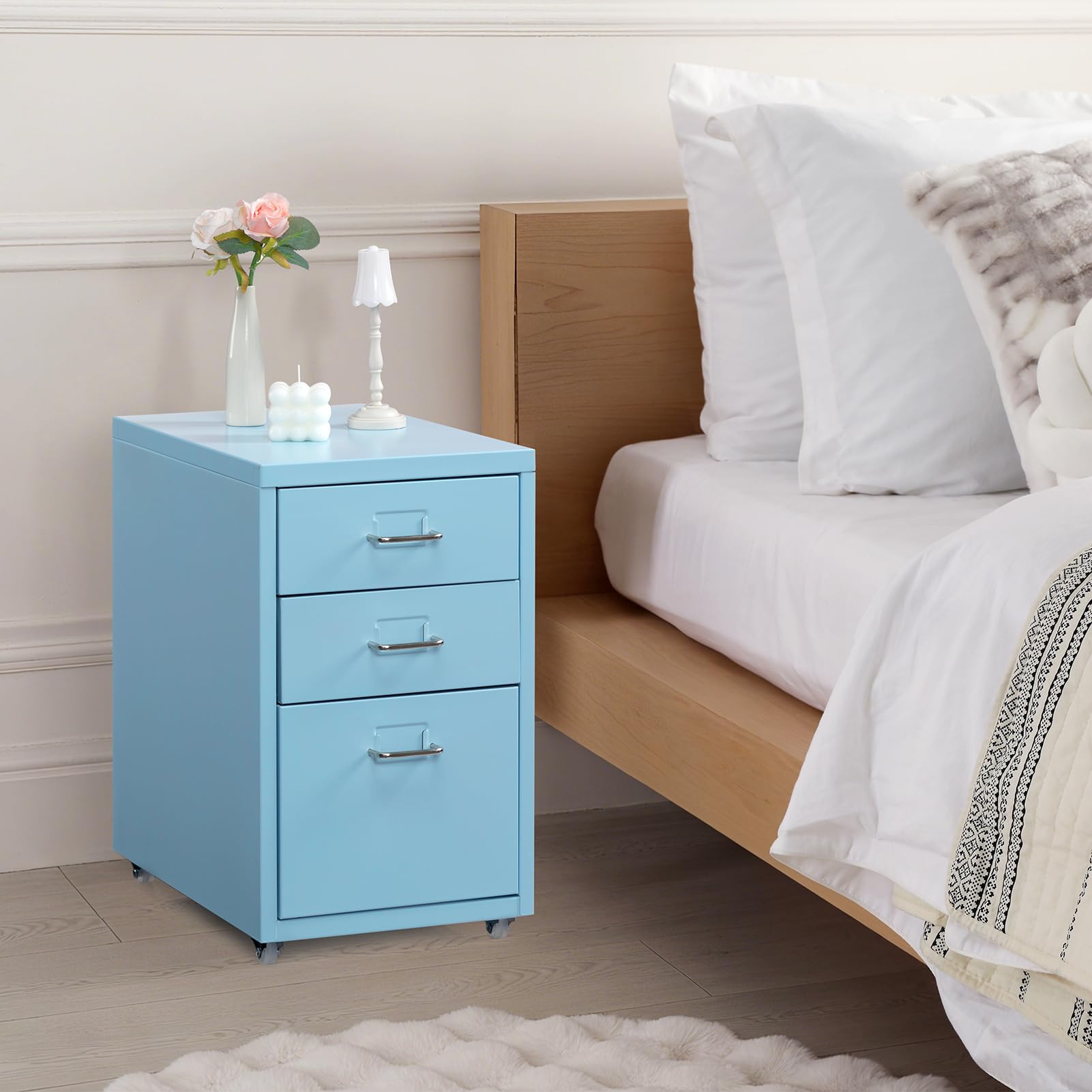 HollyHOME Schedario Mobile a 3 Cassetti, Organizzatore Portadocumenti Sotto Scrivania su Rotelle, Armadietto Portadocumenti in Metallo con Rotelle per Casa e Ufficio, Azzurro