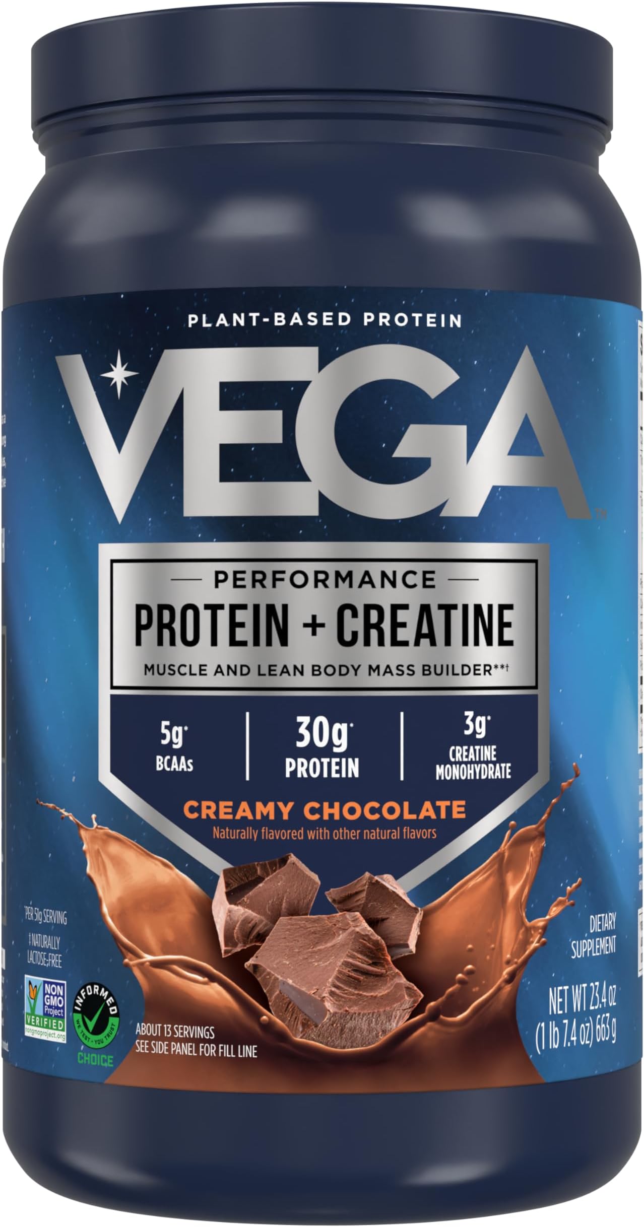 Vega Protein + Creatine - 30g Plant-Based Protein, Chocolate, 13 Servings, 3g Creatine, 5g BCAAs, Vegan, Keto, Gluten Free, Dairy Free, Low Carb, for Muscle Growth & Repair, Drink Mix, 23.4oz