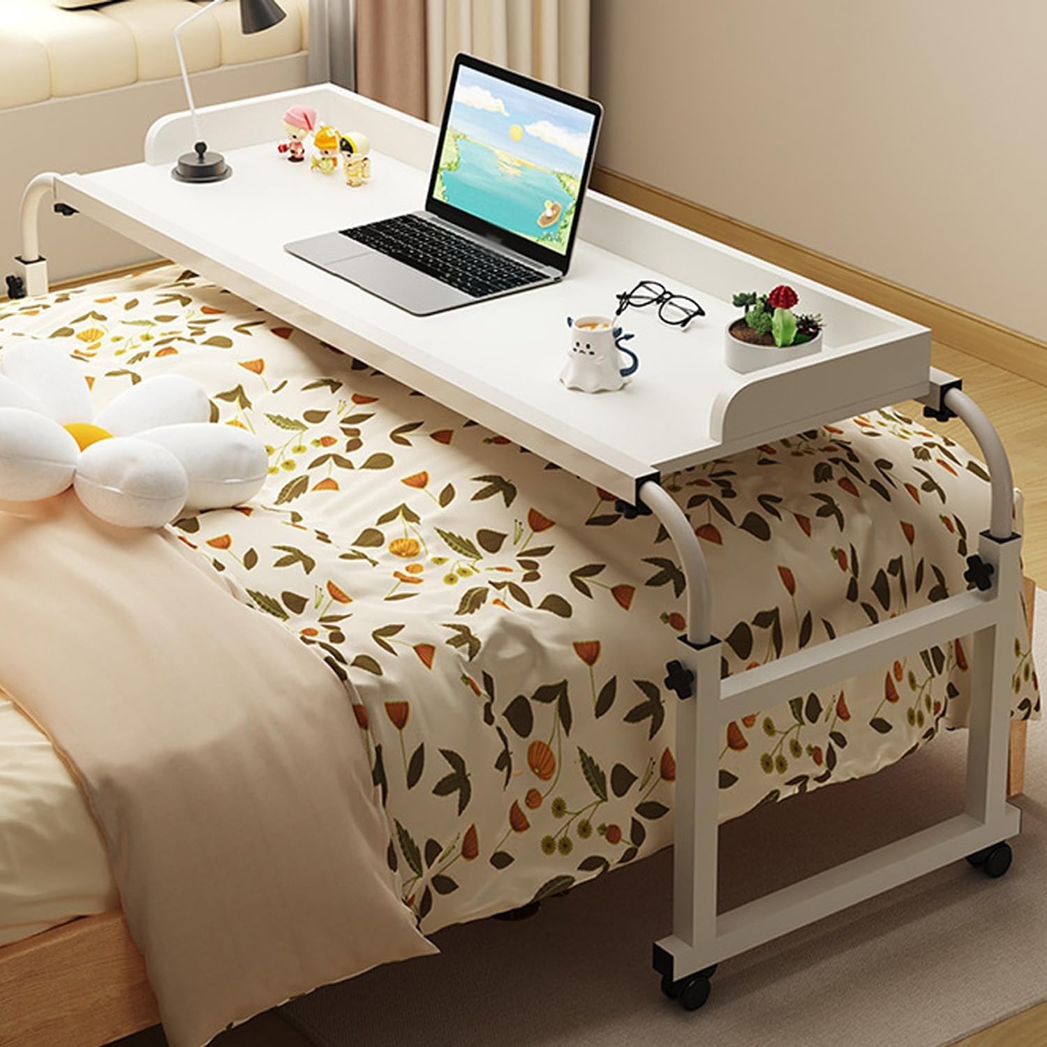 Mesa para colocar sobre la cama, carrito ajustable para computadora, resistente, diseño giratorio, para dormitorio, sala de estar, oficina, 65-95 cm de alto