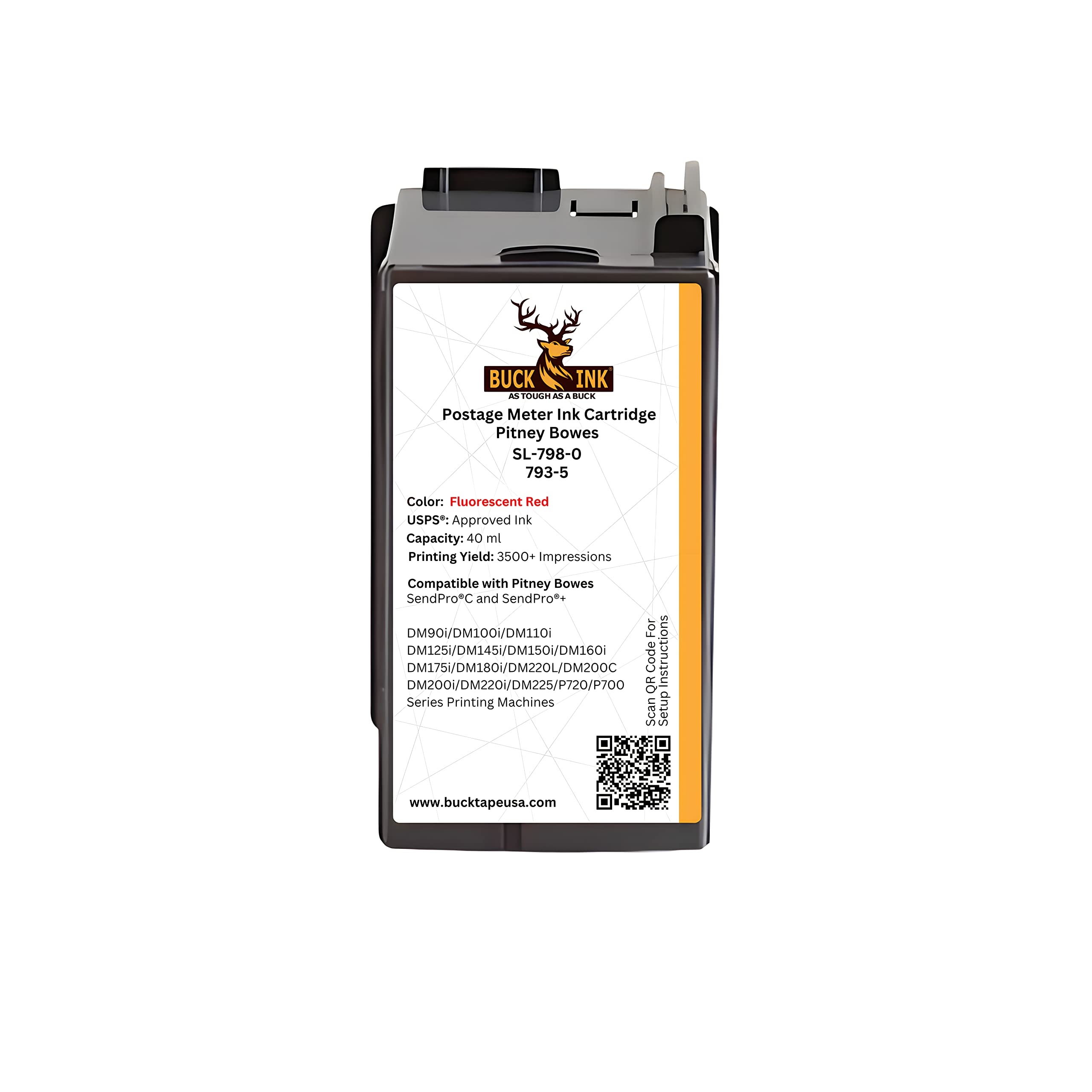 Pitney Bowes 793-5 / SL-798-0 Replacement Fluorescent Red Ink Cartridge (40ml) for SendPro C, SendPro+ Compatible with DM100, DM100i, DM125i, DM150i, DM175i, DM200L, DM225 & P700 Postage Meter
