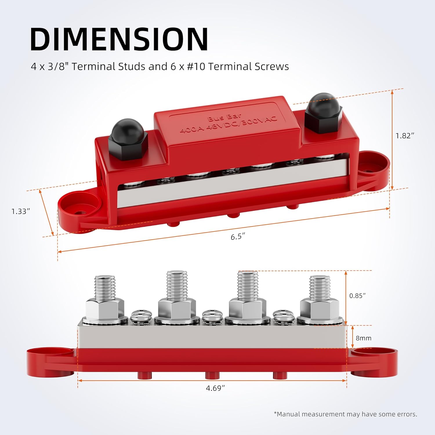 400A Power Distribution Block 12V Bus Bar 4 x 3/8" (M10) Terminal Studs and 6 x #10 Terminal Screws 12 Volt Marine Bus Bar Positive & Negative for Boat Automotive Solar System
