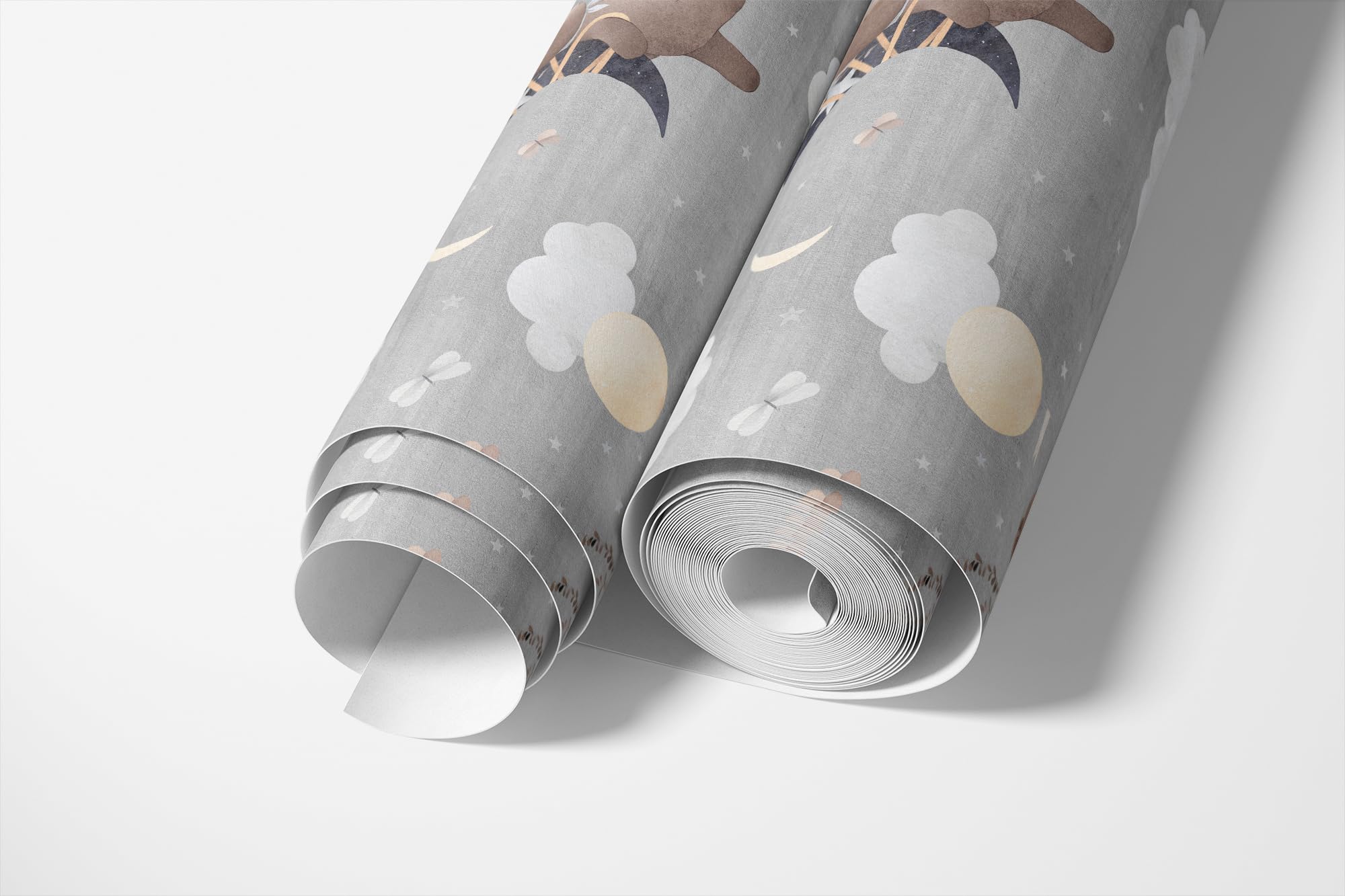 Selbstklebende Tapete Möbelfolie fliegender Teddybär Wolken Mond Sterne | fliegender Teddybär Wolken Mond Sterne Ballons Muster grau Töne traumhaftes Himmel Wanddesign für Kinderzimmer Babyzimmer