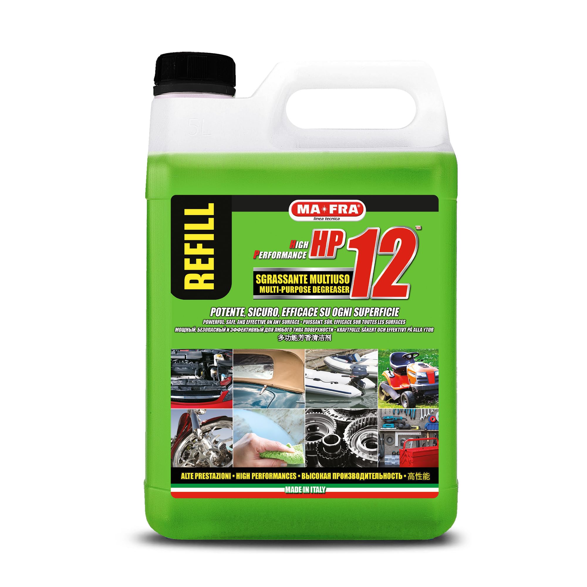 Ma-Fra, HP12, Sgrassatore Universale Multiuso con Formula Attiva, Adatto a Tutte le Superfici, Potente e Sicuro sulle Parti Trattate, Ideale per Pulizia Auto, Moto e Camper, Formato 4500ml, P0849