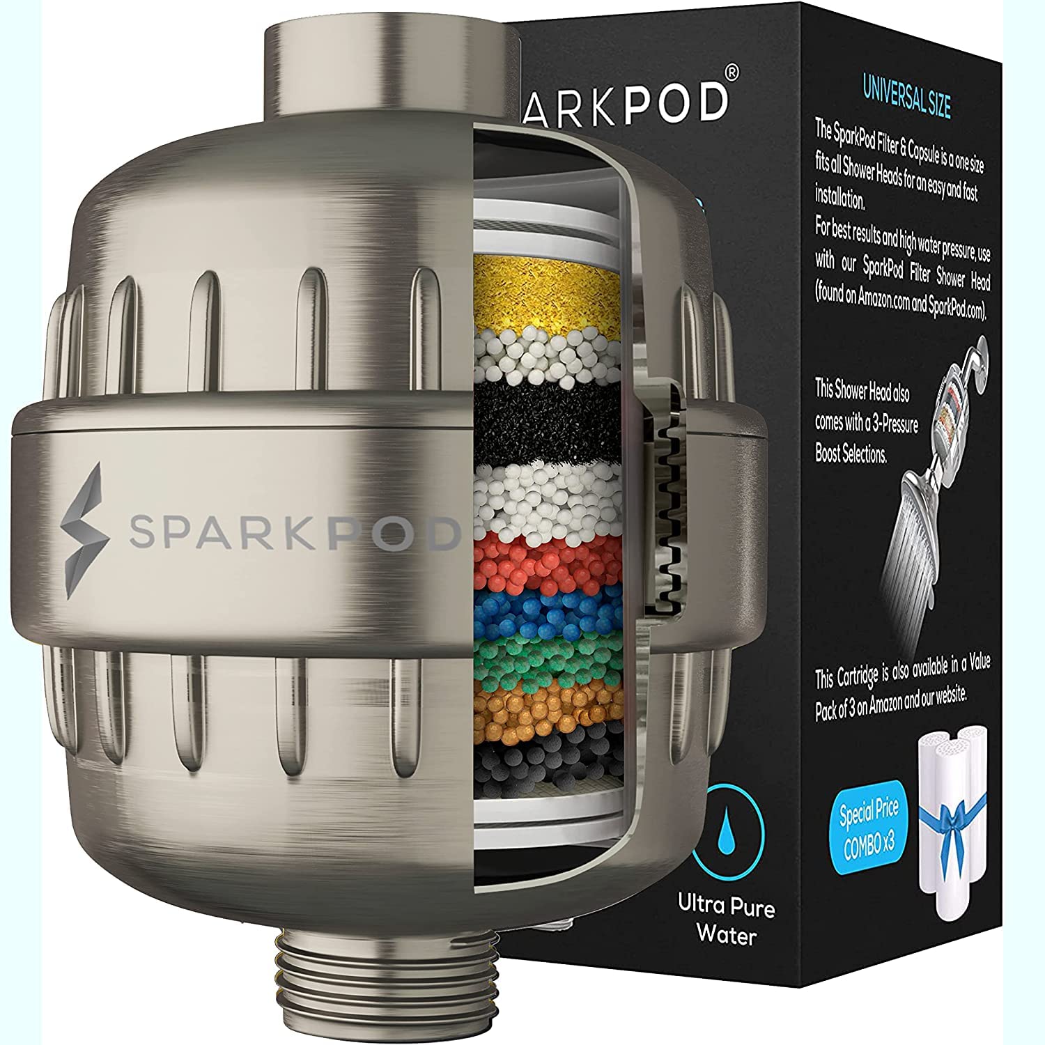 SparkPod High Output Shower Filter Capsule- Rejuvenates Skin & Hair Health (Reduces Eczema & Dandruff), Filters Chlorine
