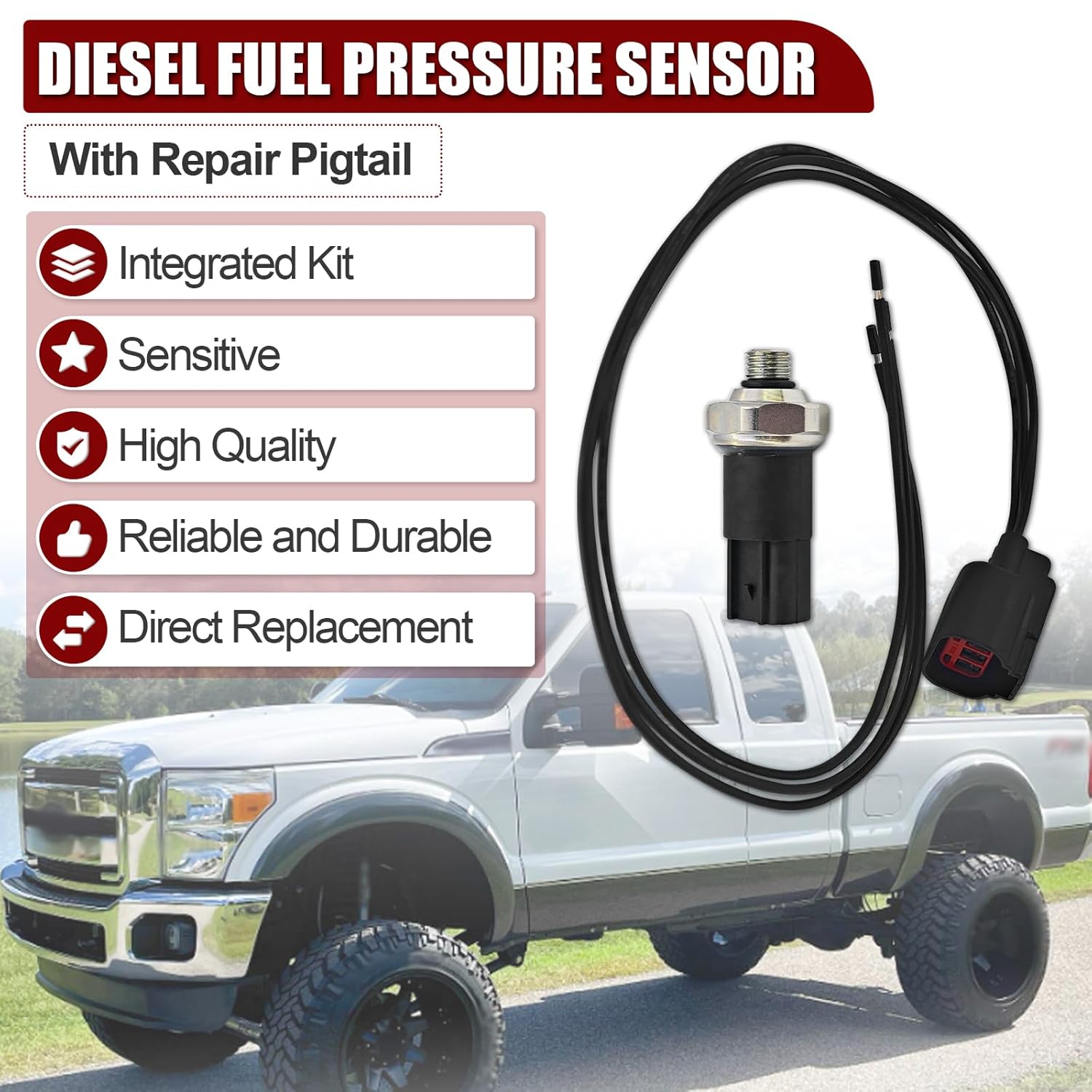 BC3Z-9S599-C Diesel Fuel Pressure Sensor w/Repair Pigtail Compatible with Ford F-250, F-350, F-450, F-550 2011-2016 Super Duty 6.7L Diesel Replace# BC3Z9S599C BC3Z9S599B BC3Z9S599A