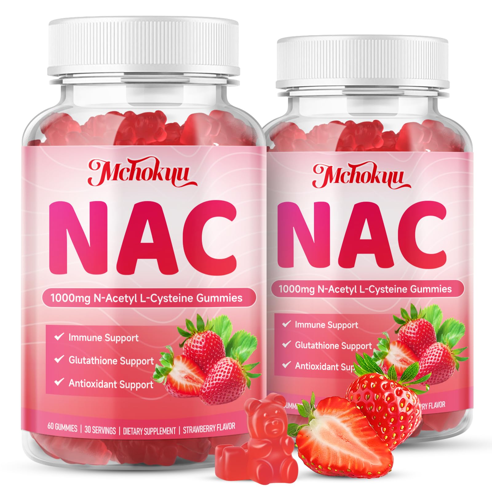 NAC Gummies for Adults & Kids 1000mg Per Serving, NAC Supplement N-Acetyl Cysteine for Immune, Glutathione & Antioxidant Support, Sugar-Free Vegan Strawberry Flavor, 120 Count 60 Count (Pack of 2)