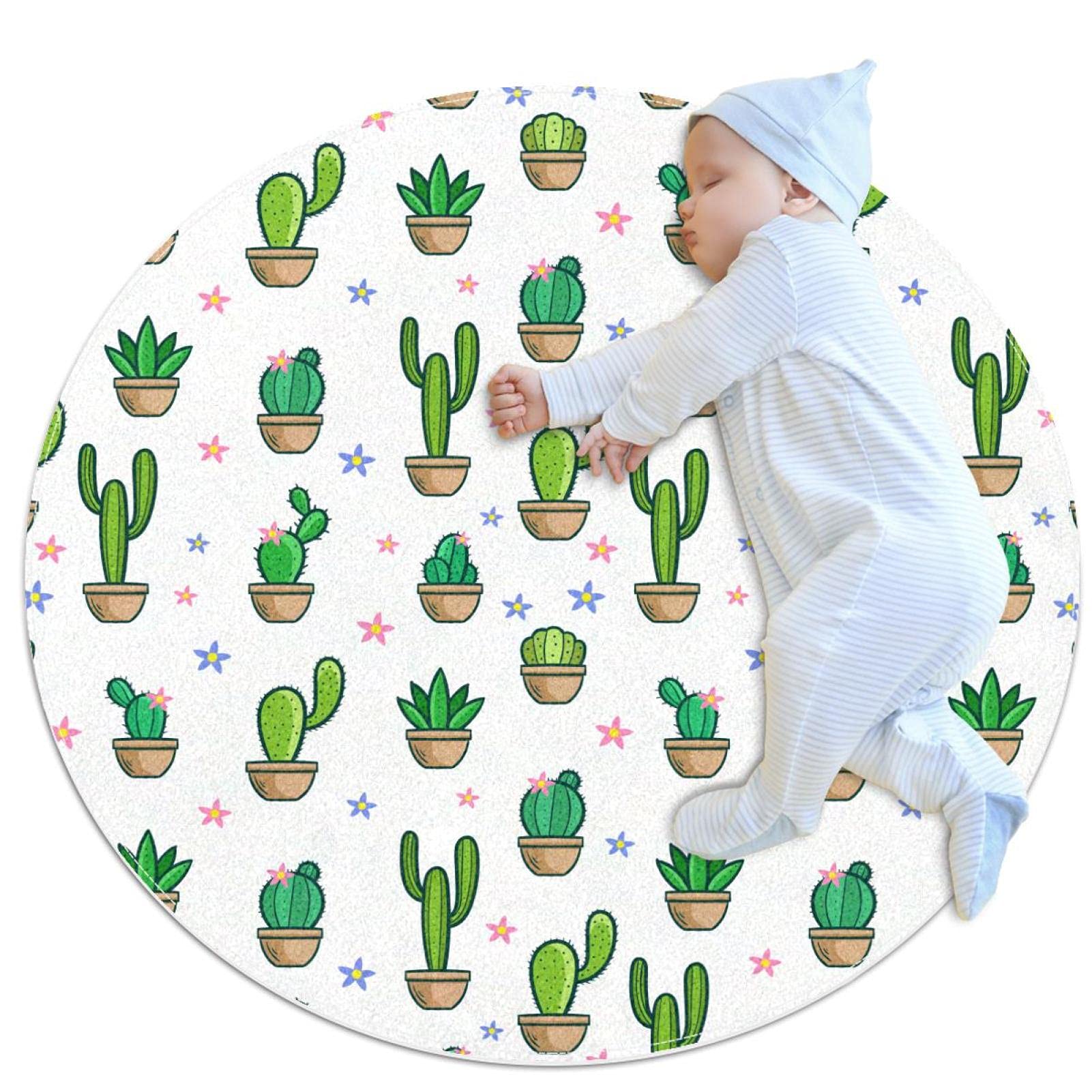 Tapis motif de pot de cactus vert JDEZ tapis de jeu rond pour enfants 80x80cm