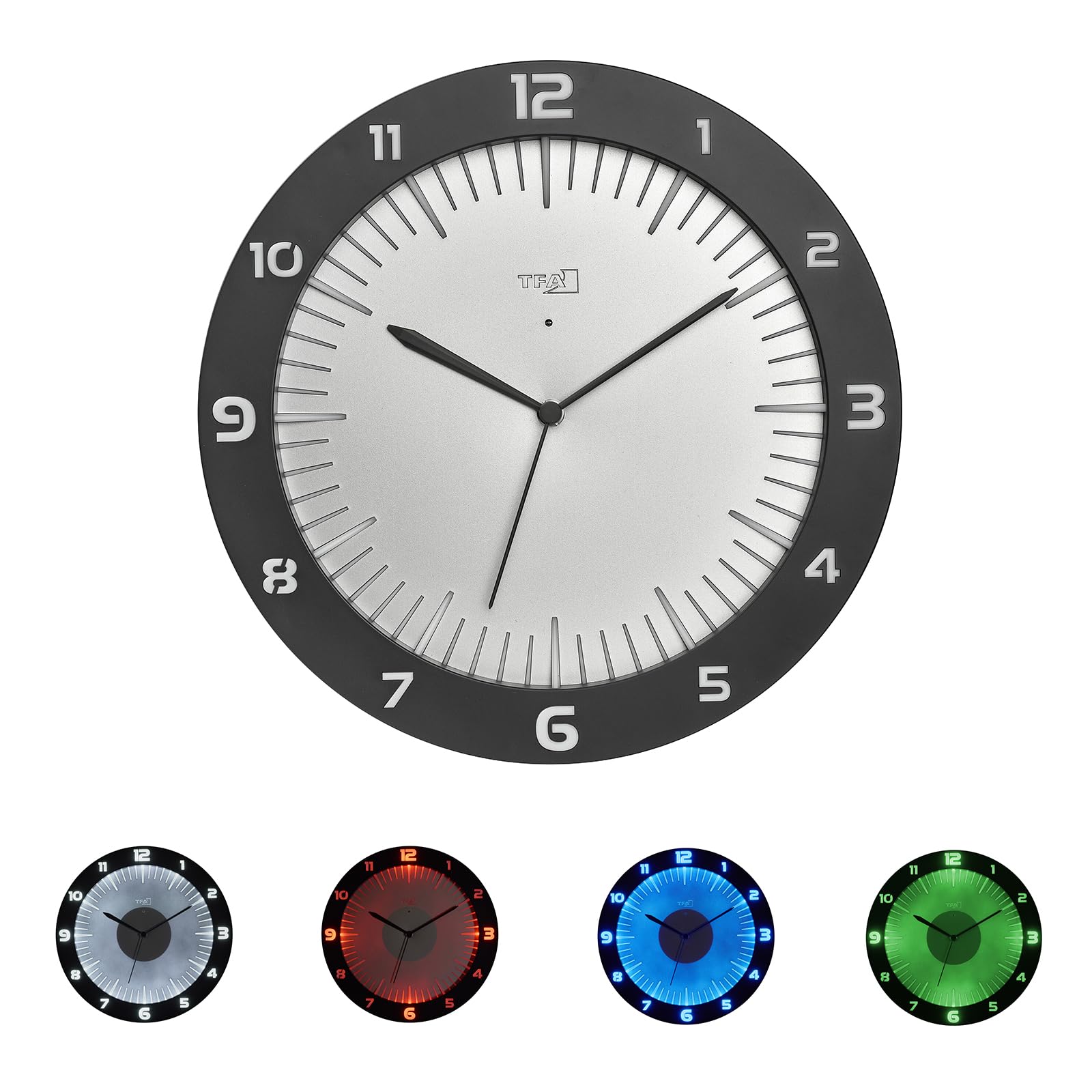 TFA Dostmann Analoge Leuchtende Wanduhr mit LED Lumoclock, 60.3553, inkl 9 Farbvarianten, Gaming Accessoires, Wand-Dekoration Bar, Nachtuhr, Leuchtuhr, inkl. Funk-Wanduhr, mit 3-D Ziffern, 30cm, grau
