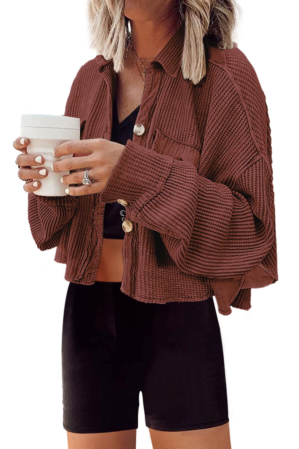 Panadila Women's Cropped Waffle Knit Shacket Short Button Down Jacket Batwing Sleeve Shirts with Pocket