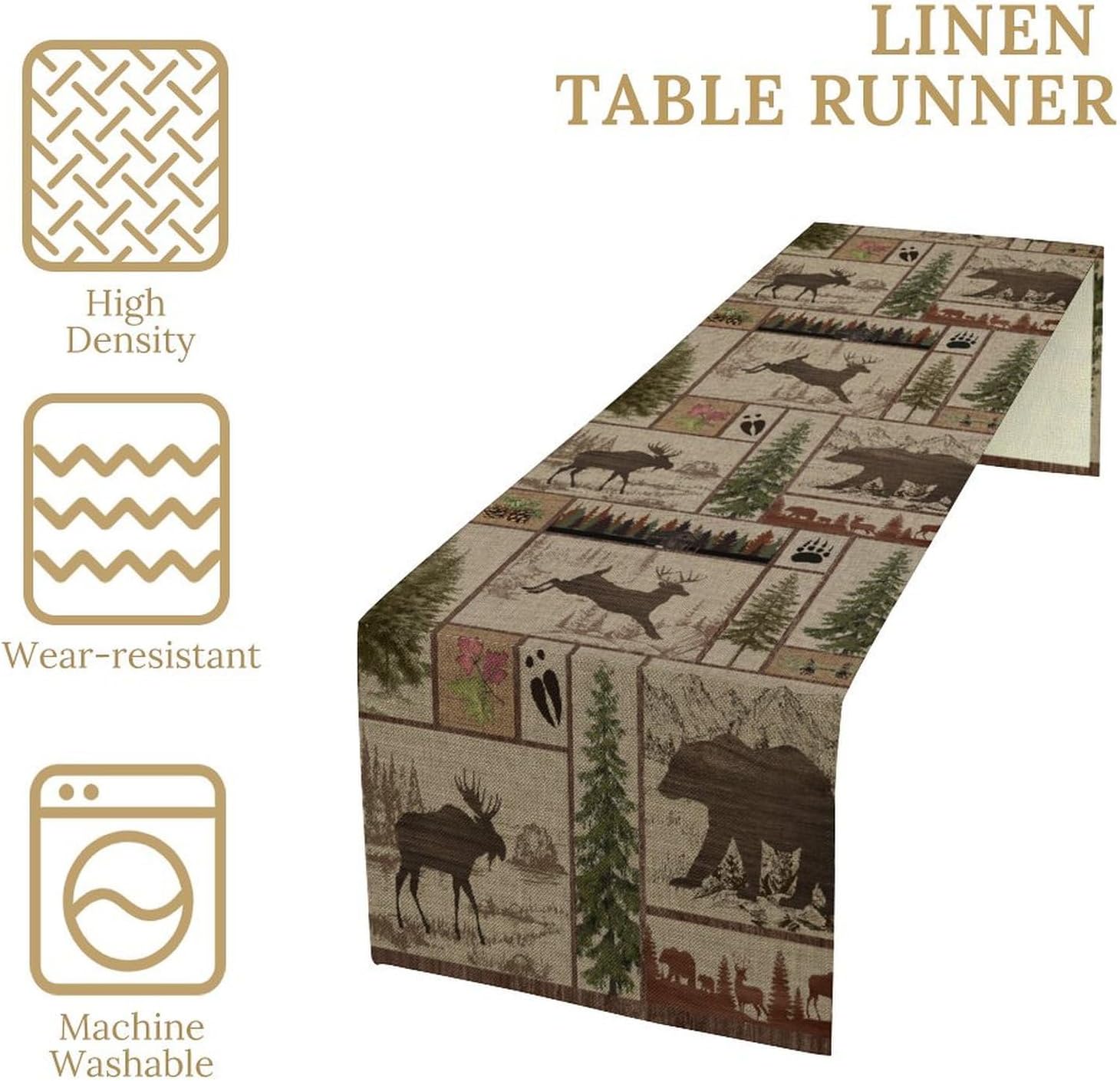 Country Cottage Table Runner, Vintage Animal Bear Deer Elk Country Cottage Rustic Linen Table Runner for Home Kitchen Table Decoration, 13x108 Inch
