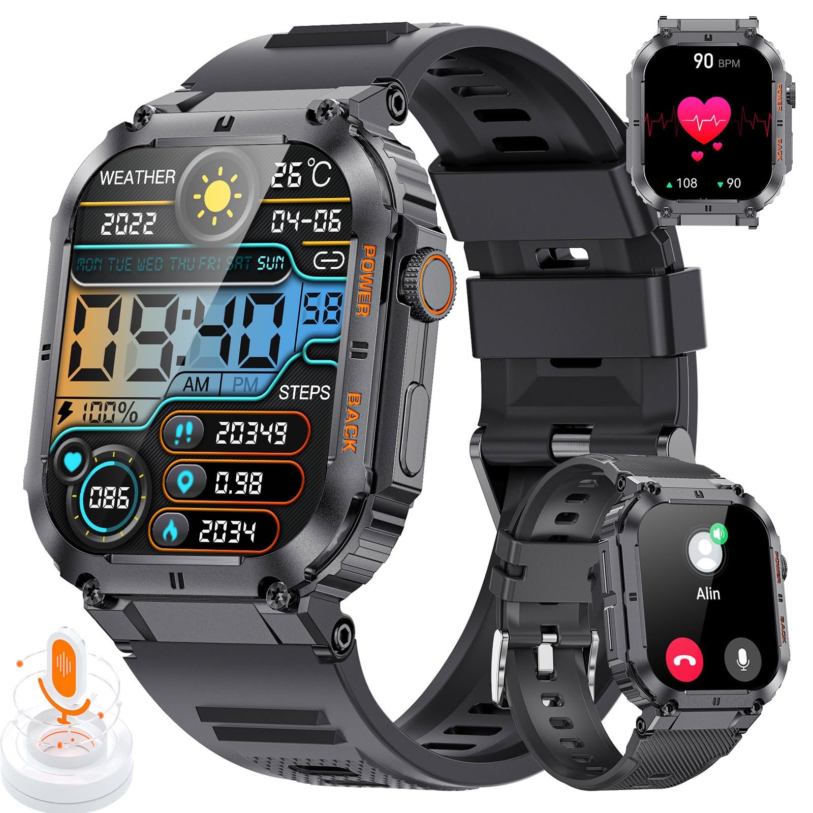 LIGE Military Smart Watch for Men, 100+ Sport Modes Fitness Tracker, 5 ATM Waterproof Smartwatch with Heart Rate/Pedometer/Sleep, 1.96" Tactical Smart Watches Compatible Android iPhone