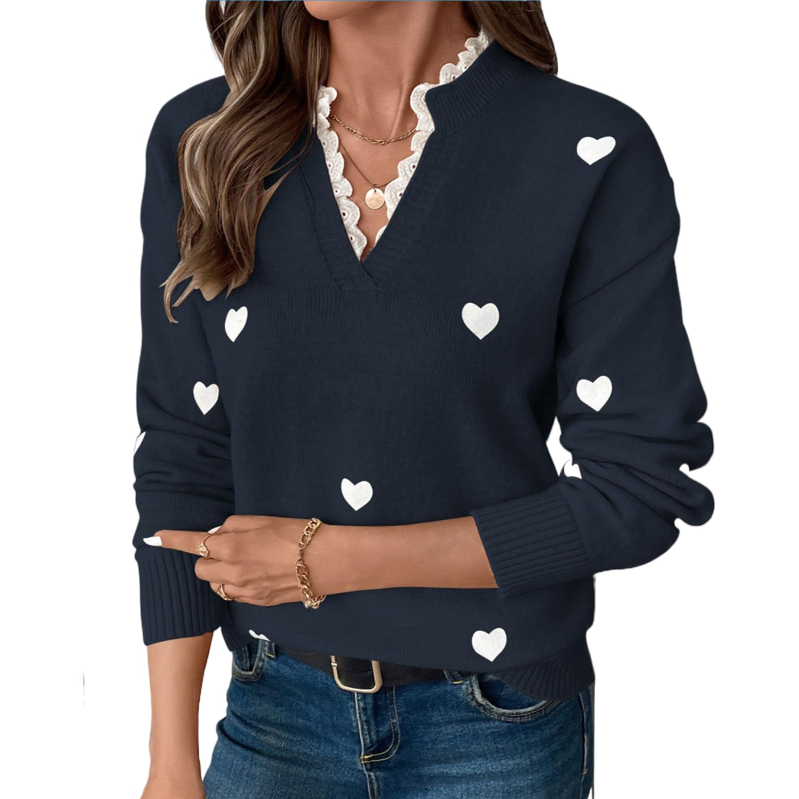 Womens Lace V Neck Sweaters Knit Heart Pattern Long Sleeve Pullover Cozy Casual Outfits 2025 Trendy Fall Winter