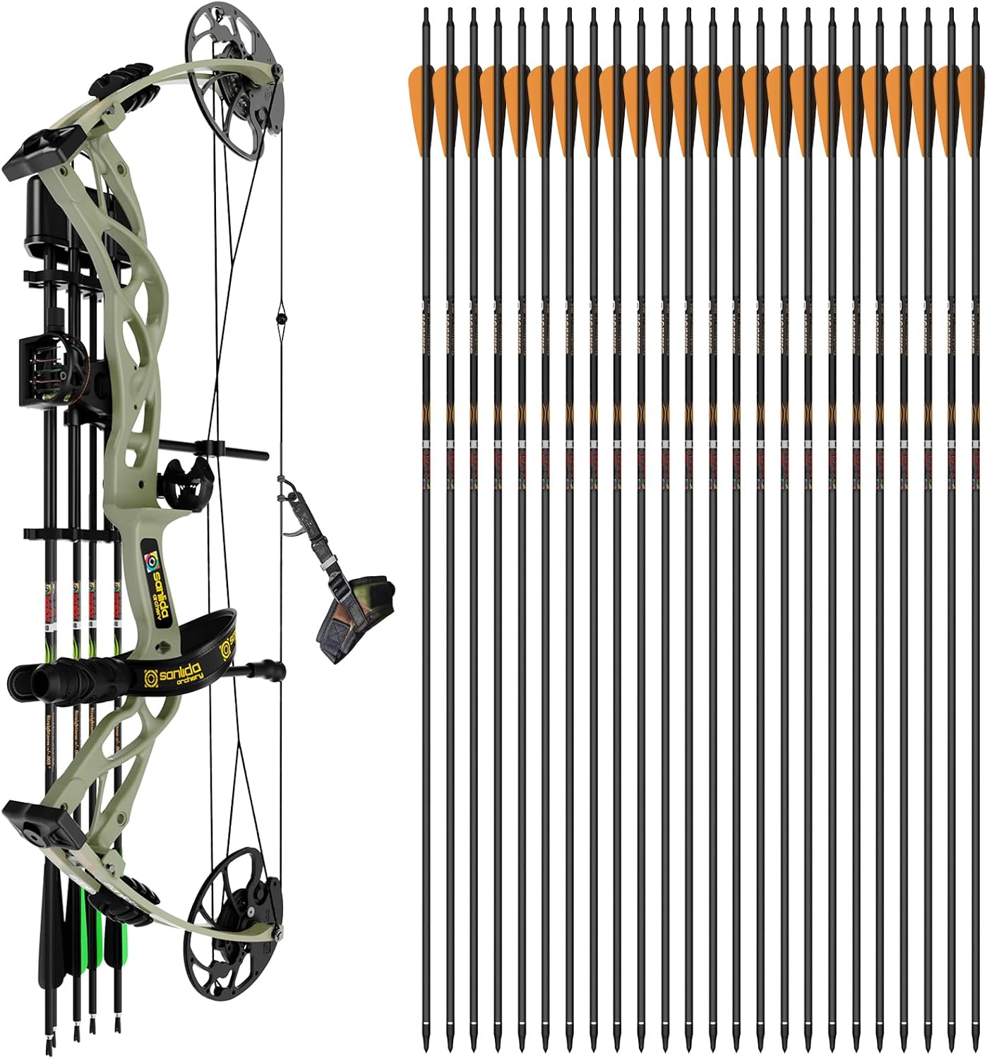 Sanlida Archery Dragon X9 Compound Bow Kit (Wilderness) and 100% Pure Carbon Arrows Dragon 8 Hunting Arrows(+/-.006" Straightness, 310 Spine,24PCS)