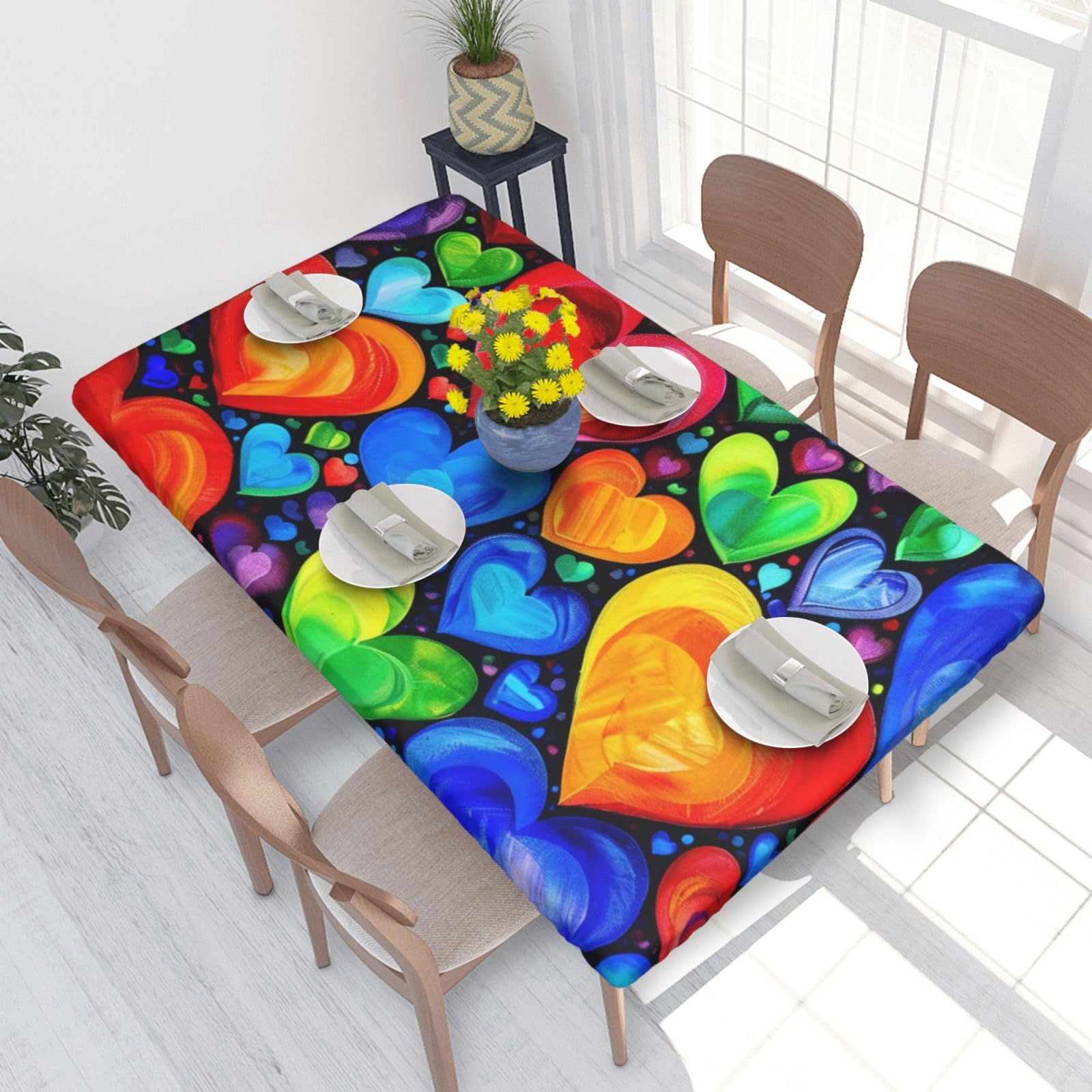 WPKJU Rainbow Hearts Printed Tablecloths 4ft Rectangular Table Covers Washable Polyester Decorative Table Cloth for Dining Table Picnic Wedding