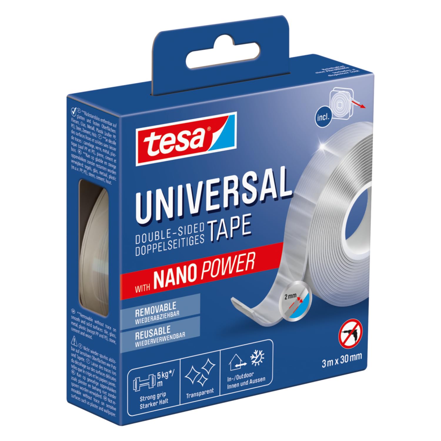 tesa Nastro nano universale – nastro biadesivo trasparente – facilmente rimovibile e riutilizzabile – resistente alle intemperie, per interni ed esterni – 1 rotolo – 3 m x 30 mm