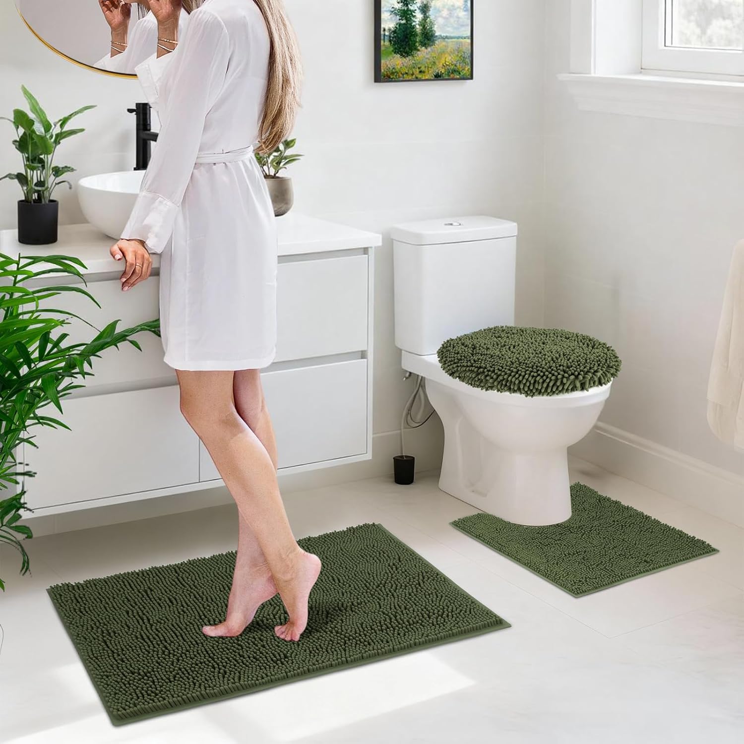 Bathroom Rugs Sets 3 Piece with Adjustable Toilet Seat Cover 19.5"x 18.5" Machine Washable Bath Rug Set with TPR Non Slip Rubber Backing Solid Bath Mat Set for Luxury Bathroom Decoration