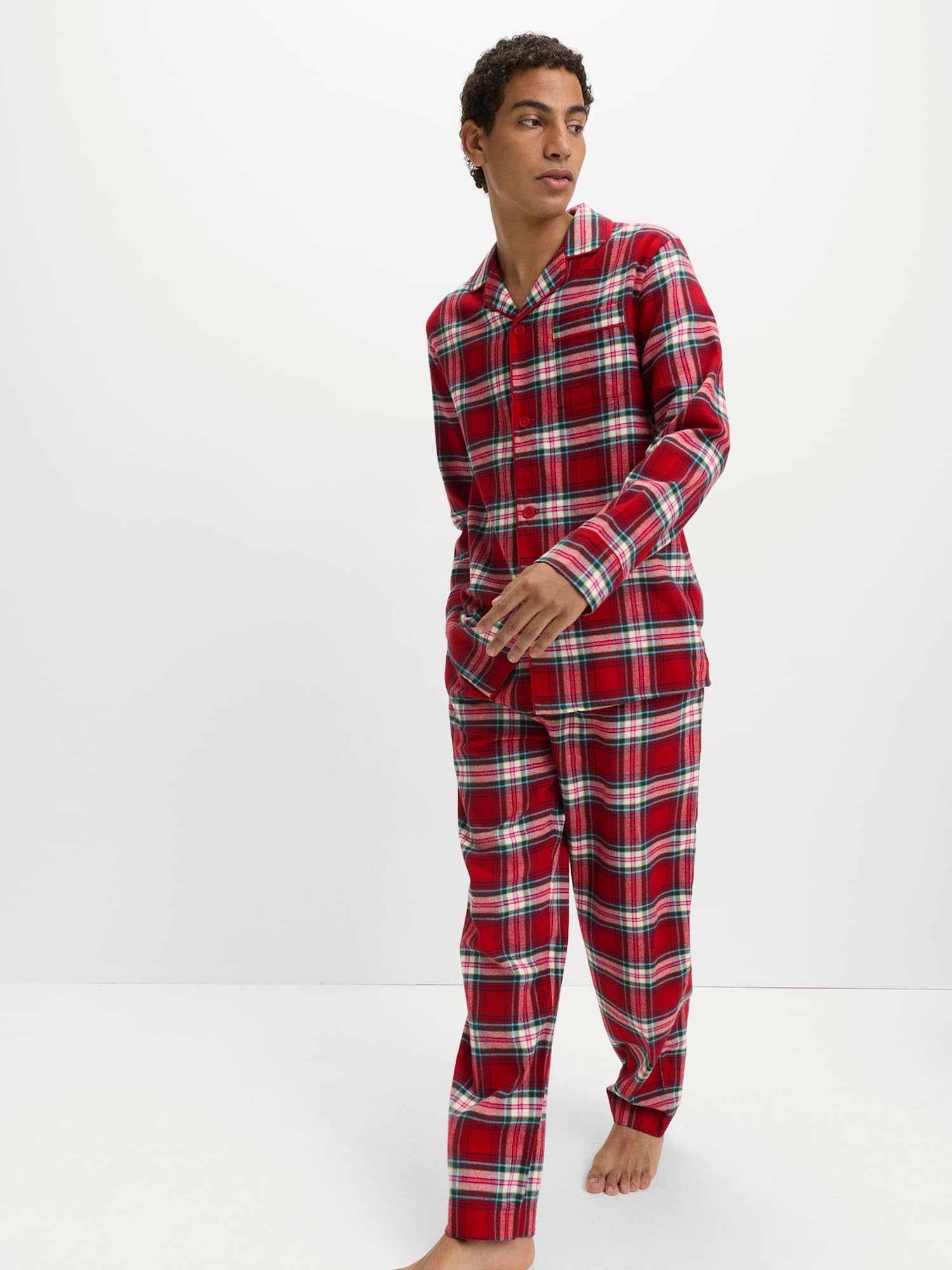 Marks & Spencer Conjunto de Pijama Navideño Familiar de Cuadros de Algodón Puro para Hombre, Ajuste Normal, Cintura con Cordón, con Bolsillos
