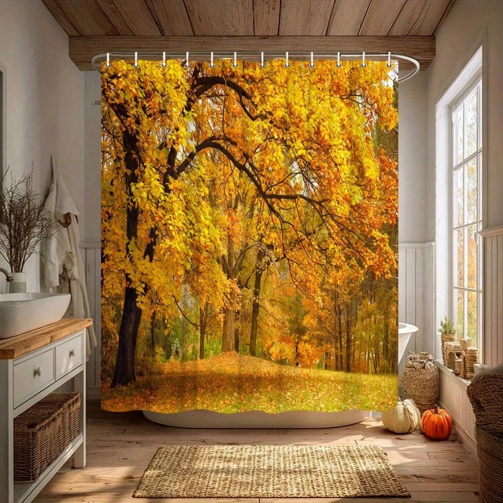 GLKSDLPO Autumnthemed Shower Curtain With Yellow Leaves And Trees In A Natural Style Bathroom Decoration Bathtub Curtain Set(75x200cm/30x79in(WxH)