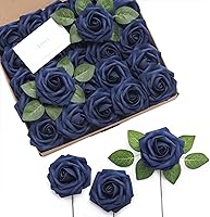 Ling's Moment 25pcs Deep Navy Blue Artificial Roses w/ Stems - 3" Real Touch PE Foam Flowers for Wedding Bouquets, Centerpieces & DIY Decor