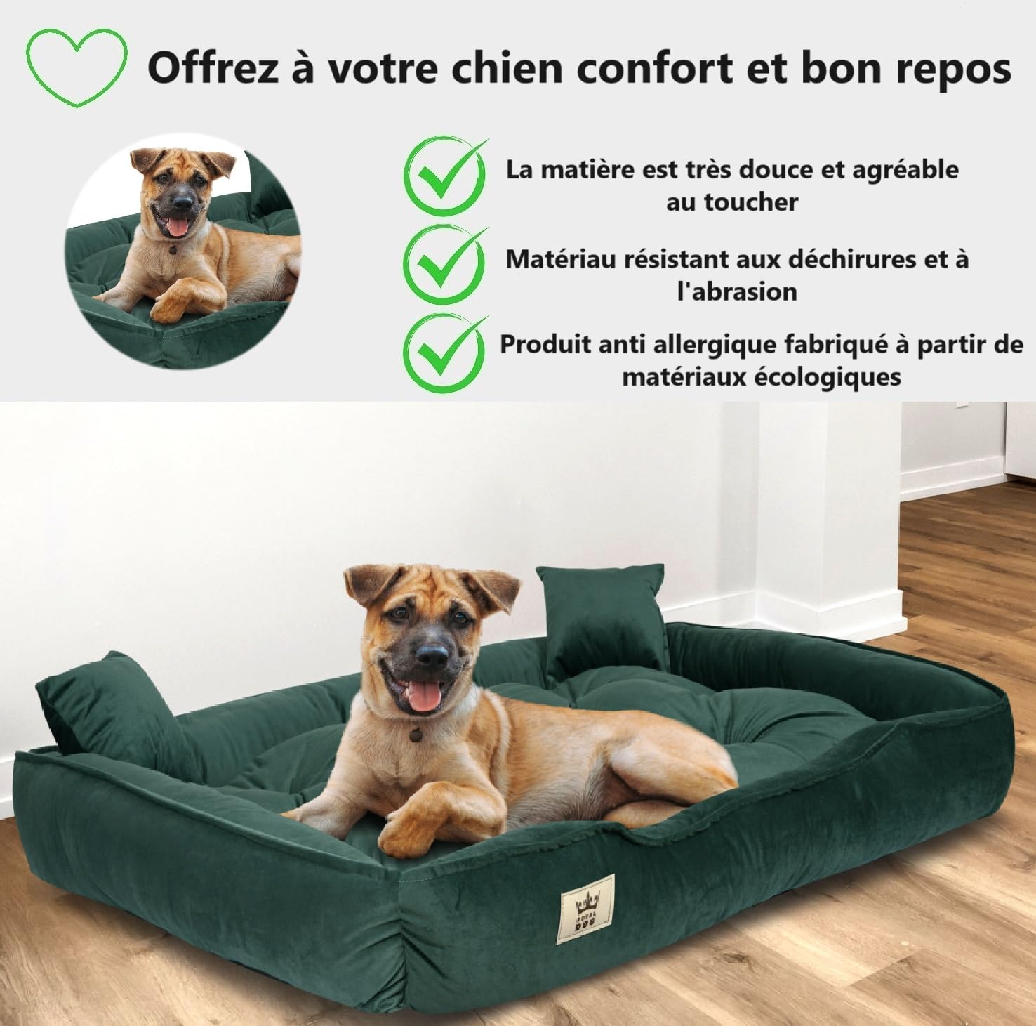 Un lit pour très Grands Chiens XXL 130x105 cm | Lit pour Chien Lavable, Ultra Doux | Canapé Chien Orthopedique | Moelleux et Douillet, Super Doux | Made in EU Vert