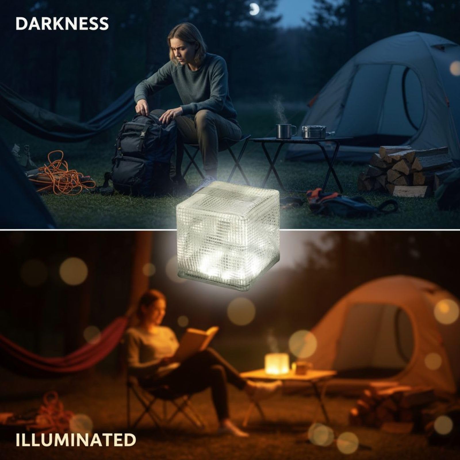 Linterna solar para camping, luz LED plegable para tienda de campaña con flash de ráfaga, luz de emergencia al aire libre, 3.9 pulgadas/10 cm, cuadrada, blanco cálido, linterna solar recargable para