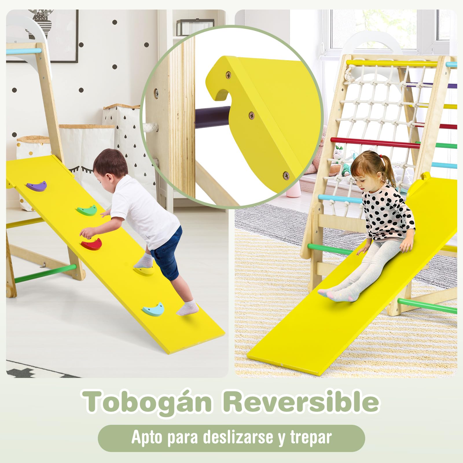 COSTWAY 6 en 1 Triángulo de Escalada Infantil, Parque Infantil Interior para Niños, Conjunto de Juguetes de Escalada de Madera con Tobogán, Gimnasio de Interior para Niños de 1+ Año (Multicolor)