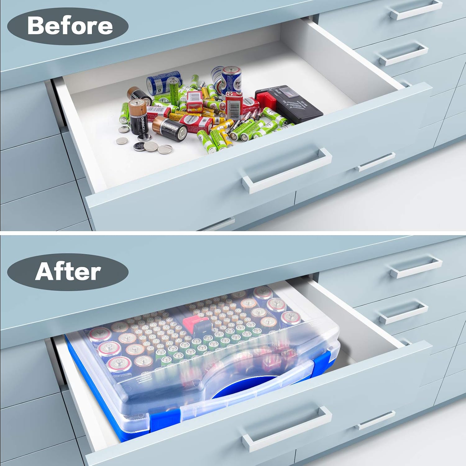 Battery Organizer Storage, Batteries Holder Case with Battery Tester - 180+ Clear Battery Garage Container Keeper Box for AA AAA C D 9V 3V Lithium CR2032 CR2016 CR1632 CR2025 (Bag Only) - Blue