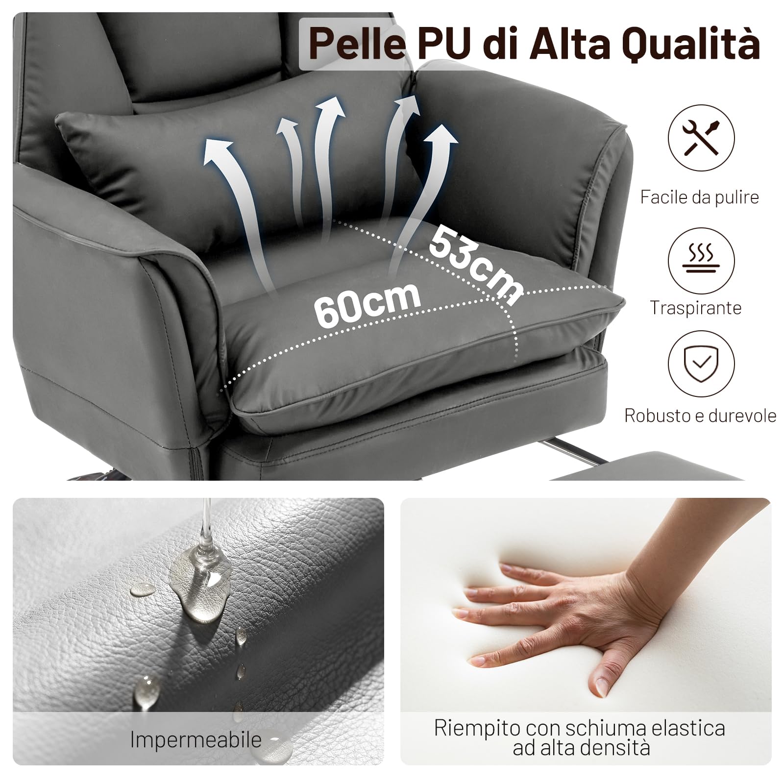 Sedia da Ufficio con Braccioli Regolabili a 5 Livelli, Poltrona Ufficio Ergonomica con Poggiapiedi, Sedia da Gioco in Pelle PU con Altezza Regolabile e Schienale Reclinabile 200kg, Grigio