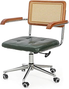 Modern Green Desk Chair with Wheels, Walnut Cane Back Office Chair