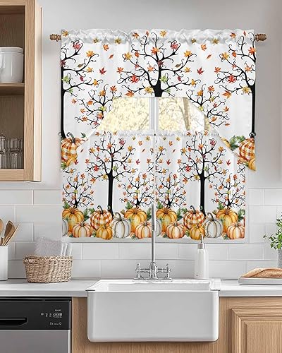 Miniatura 7 de Juego de cortinas de cocina de Acción de Gracias, cenefa y niveles de 24 pulgadas de largo, hojas a cuadros negros y blancos de otoño, cortinas