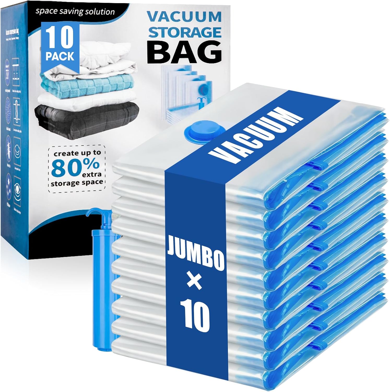 10 Jumbo Vacuum Storage Bags, Vacuum Seal Bags for Clothing Space Saver Compression Storage Bag with Hand Pump Extra Large for Clothing Travel Comforters Blankets Pillow Bedding Duvets Clothes
