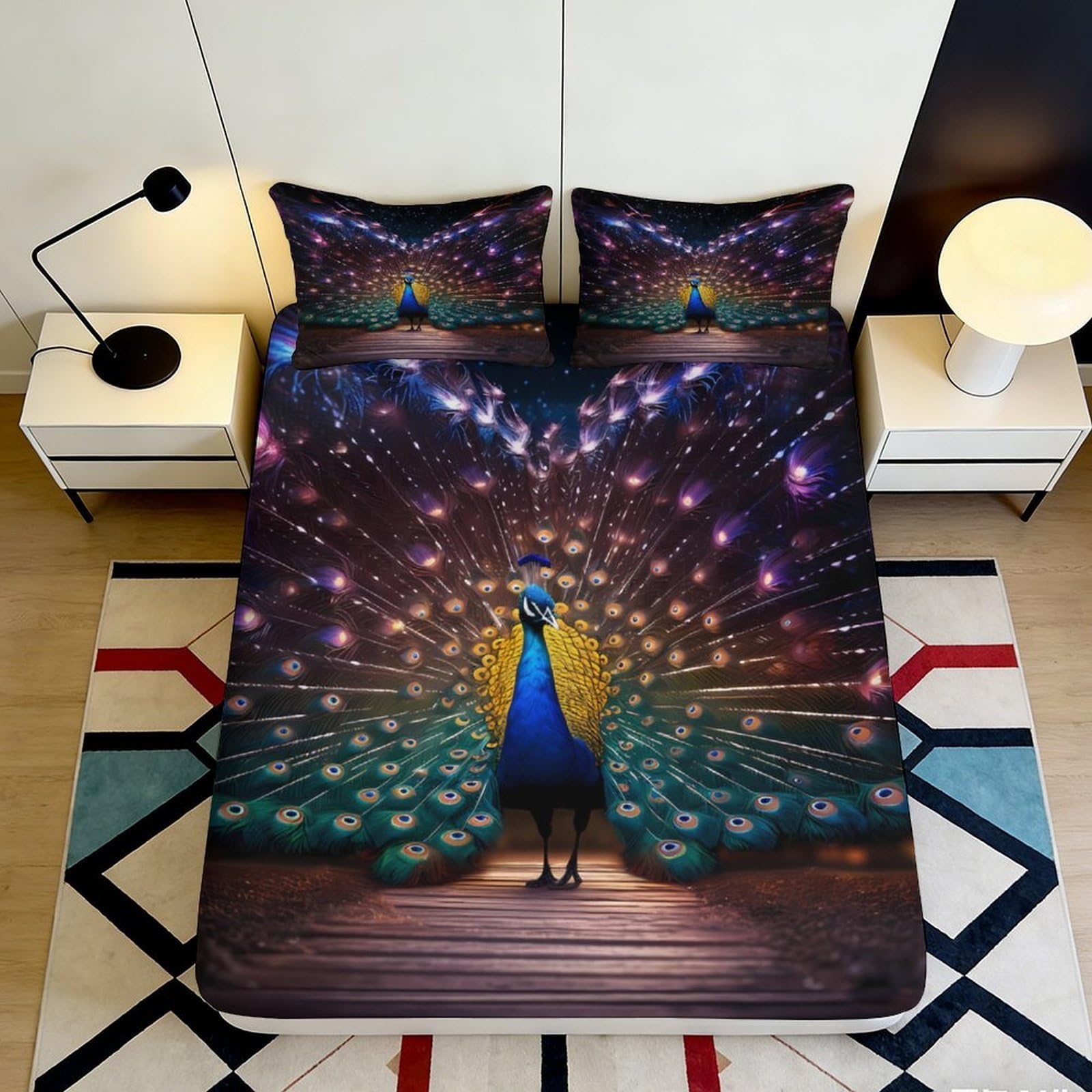3D Printed Peacock Fitted Sheet Microfiber Deep Pocket Non-Slip Bedroom Bedding Peacock Mattress Fitted Cover Washable 140x200x25cm
