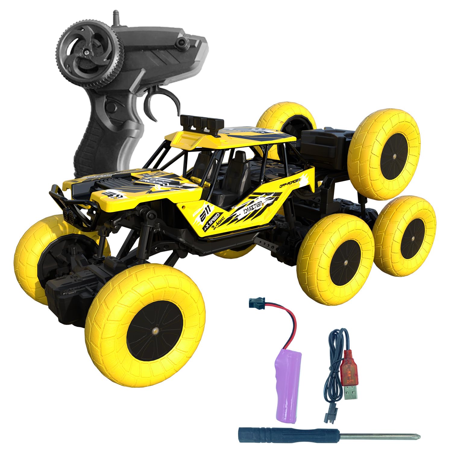 ELECTROBOTIC Remote Control Car - 4WD Stunt RC Drift Car | Monster Truck with Rechargeable Battery | 8 Wheel RC Car 4x4 Off Road High Speed | Car Toys for Kids - Yellow Rock Crawler | Made in India